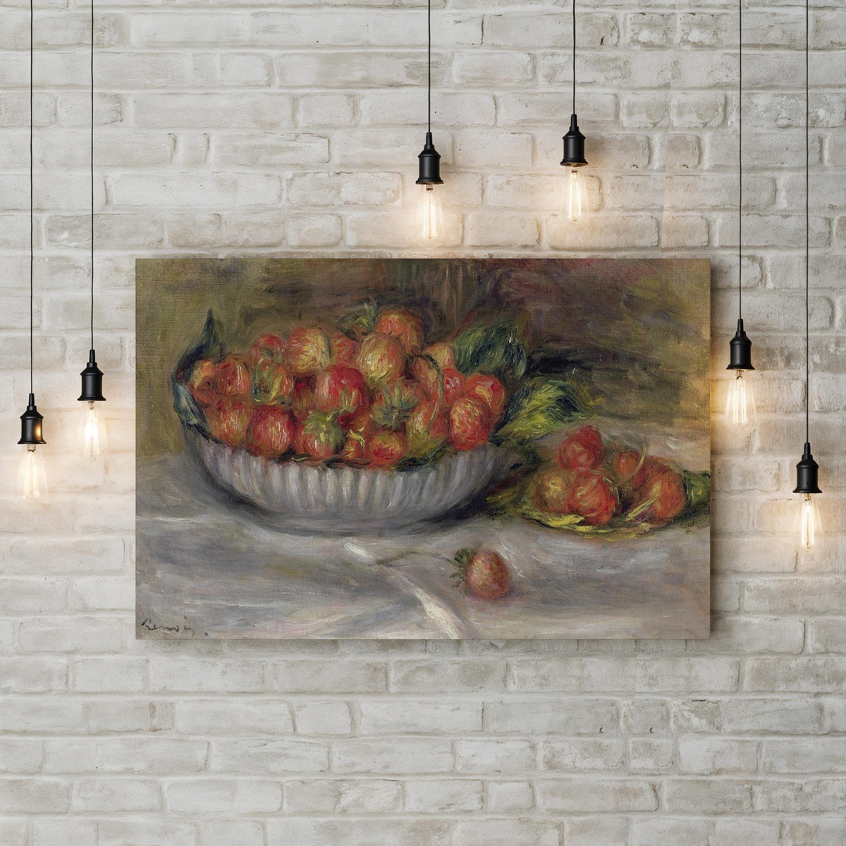 Still Life with Strawberries by Pierre-Auguste Renoir canvas print displayed in a room with exposed brick and pendant lights