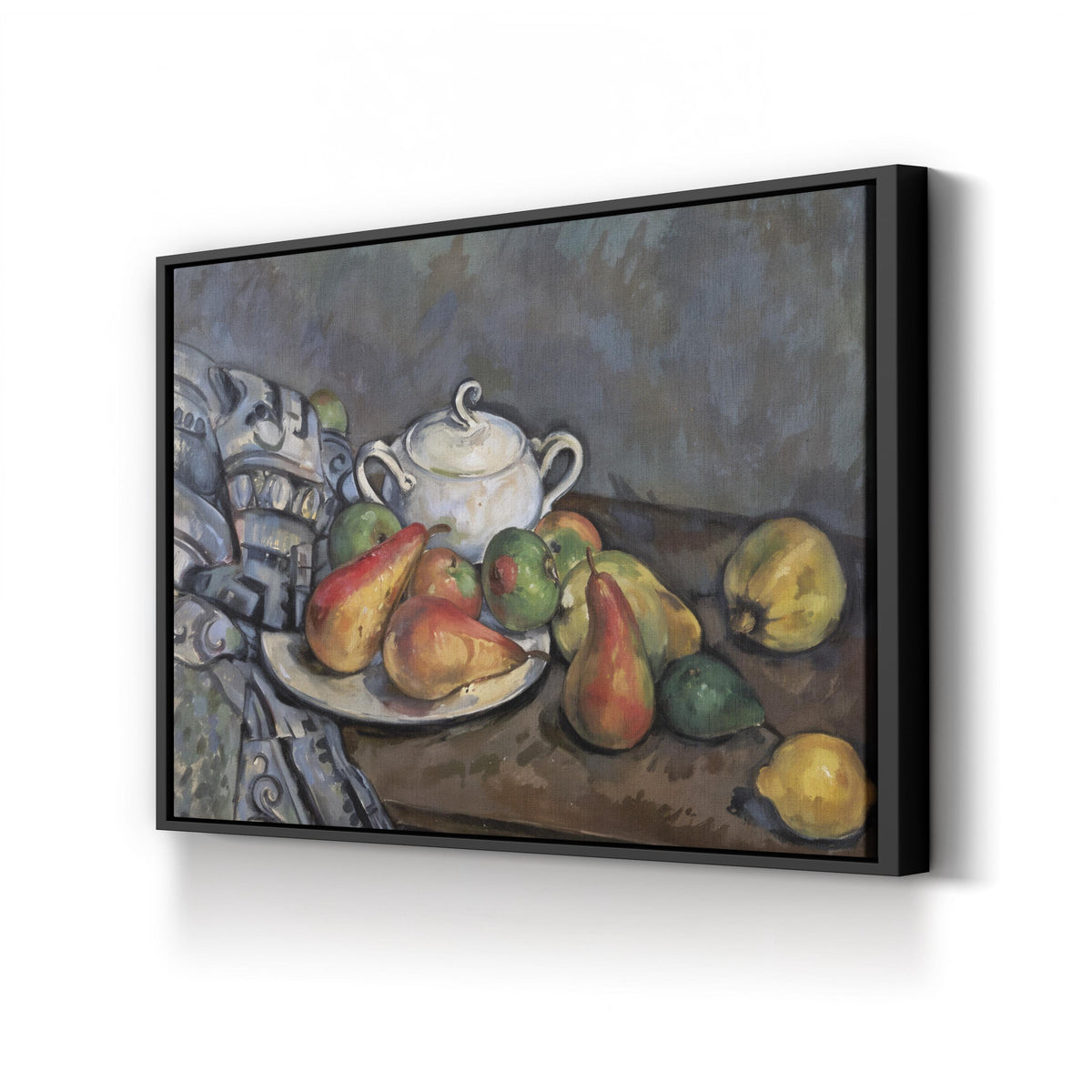 Sugar Bowl, Pears, and Tablecloth by Paul Cézanne canvas print in black frame