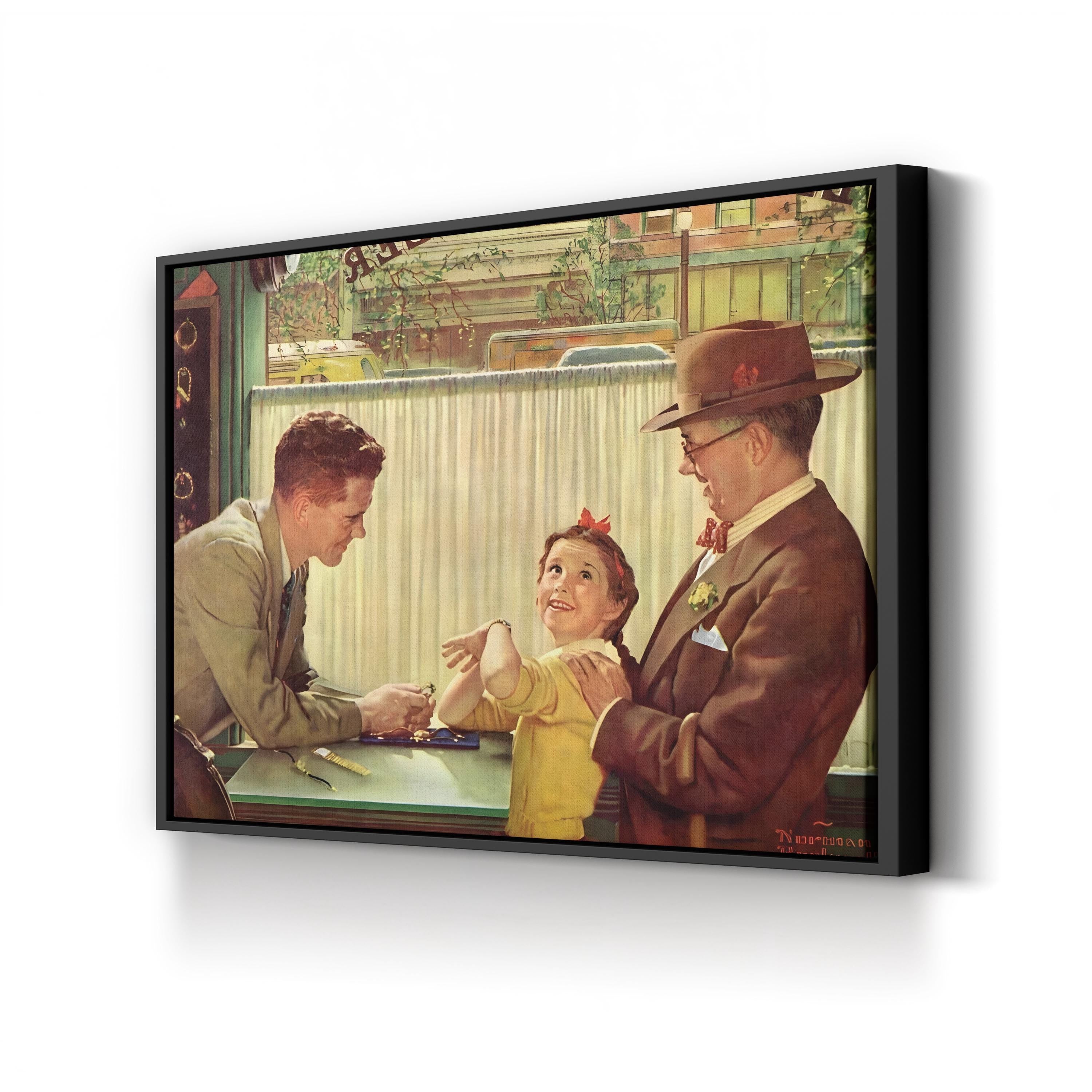 The Jewelry Shop, 1954 by Norman Rockwell canvas print in Black Framed Canvas