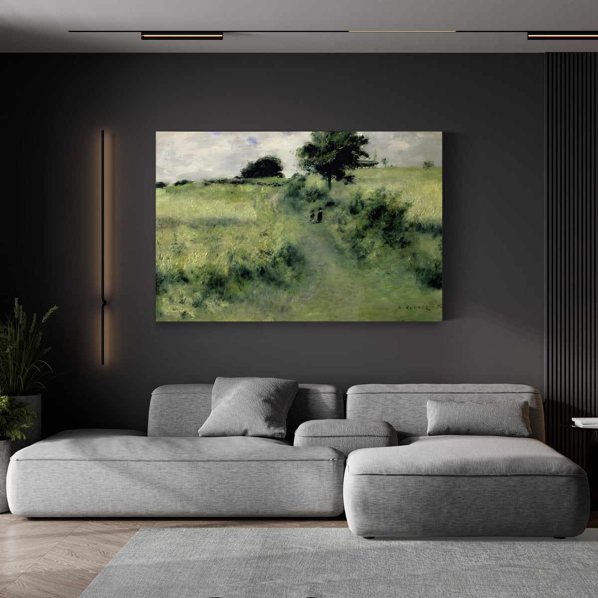 Meadow Path, c. 1873 by Pierre-Auguste Renoir canvas print displayed in a living room with a gray sofa