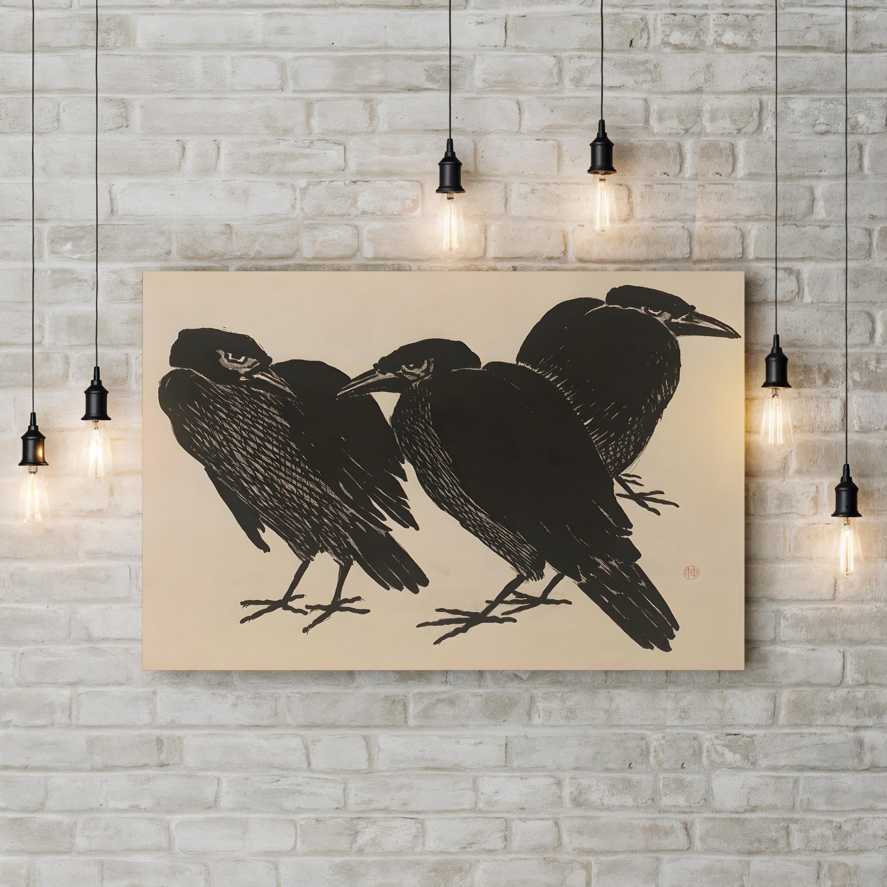 Three Crows Bird Painting – Period Illustration Wall Art | Neutral Wildlife Canvas Print