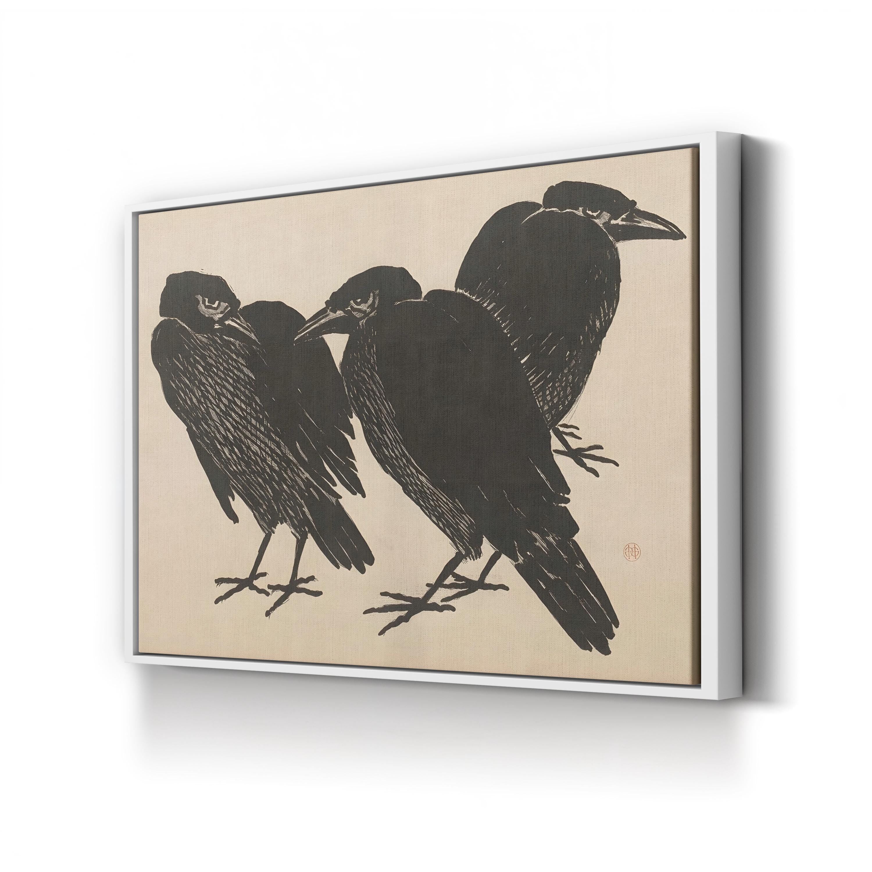 Three Crows in the Grass canvas print in white frame