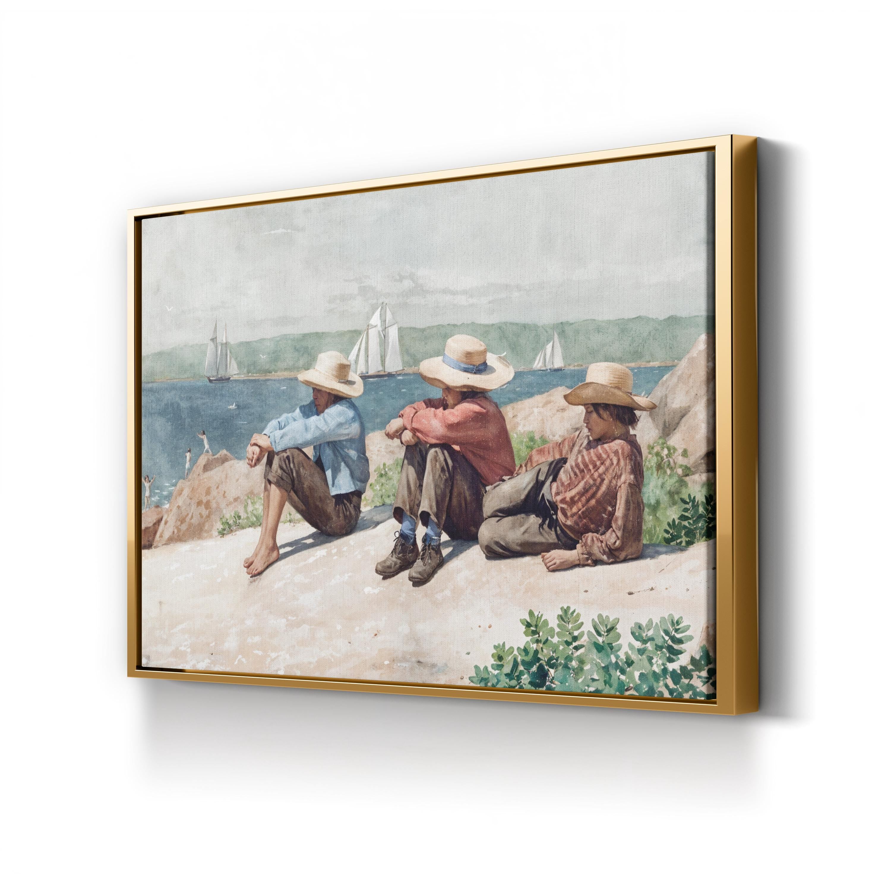 Watching the Ships, Gloucester, 1875 by Winslow Homer canvas print in gold frame