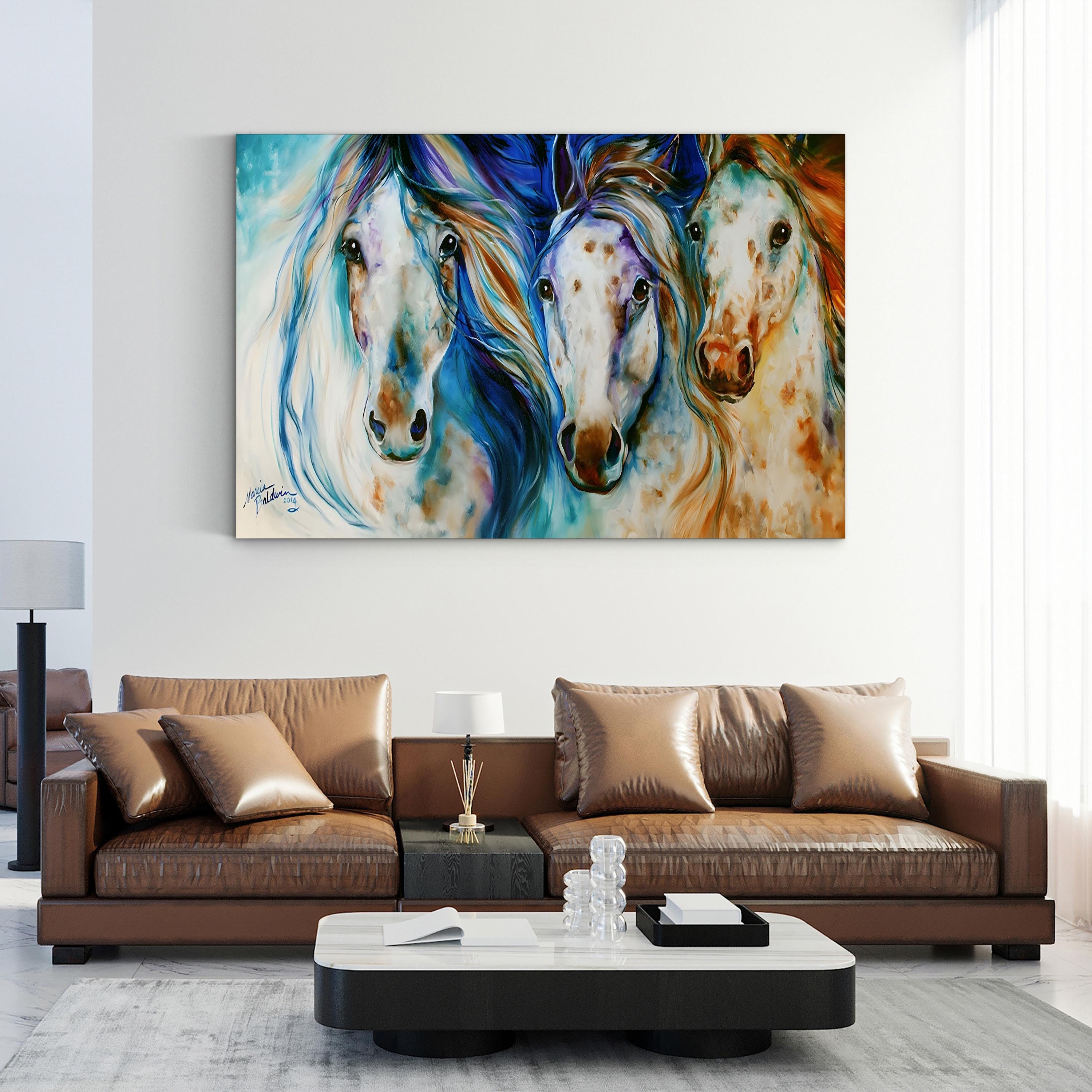 Colorful abstract painting of three horses on a wall above a brown leather sofa in a living room.