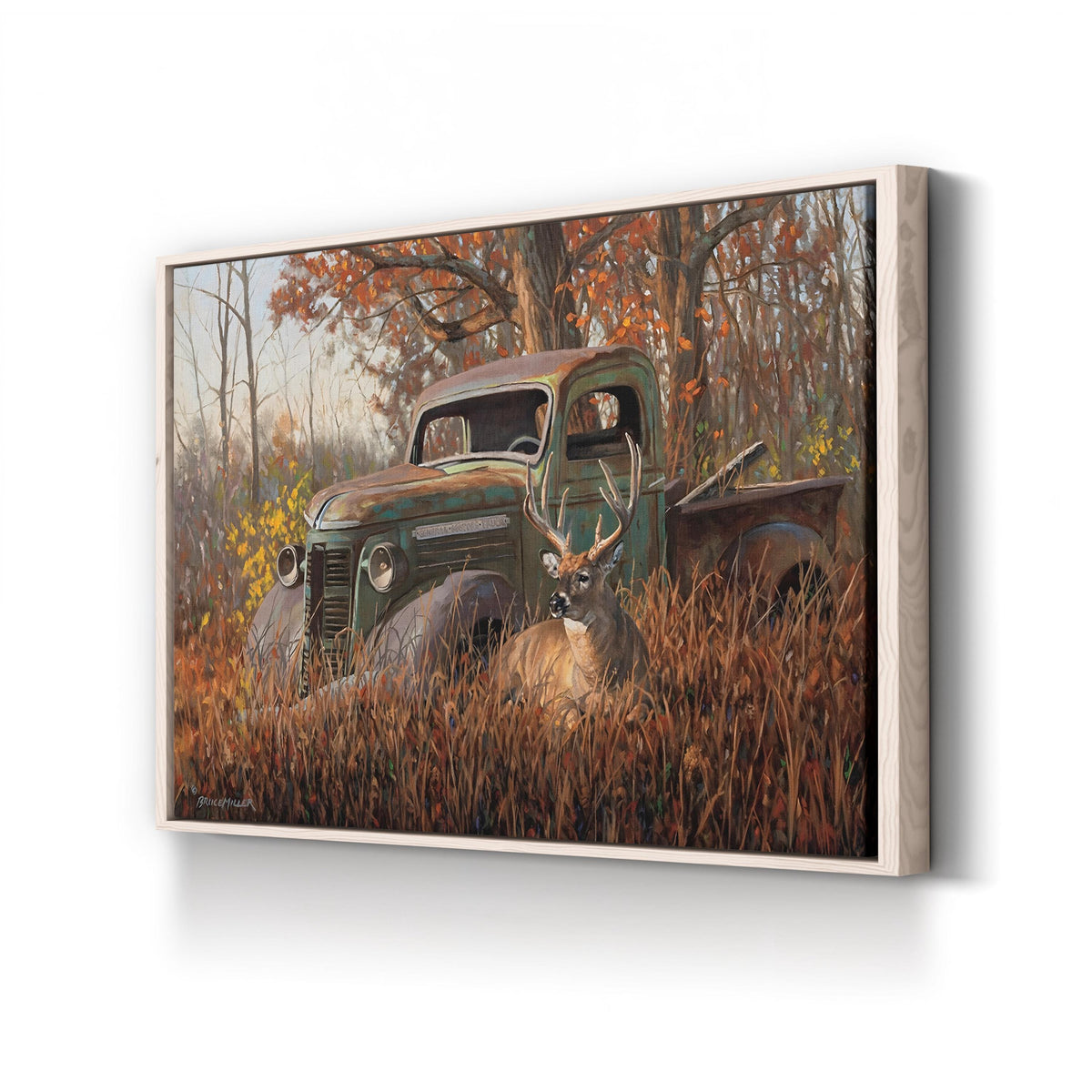 A Buck and a Truck, by Bruce Miller canvas print in Natural Frame Canvas
