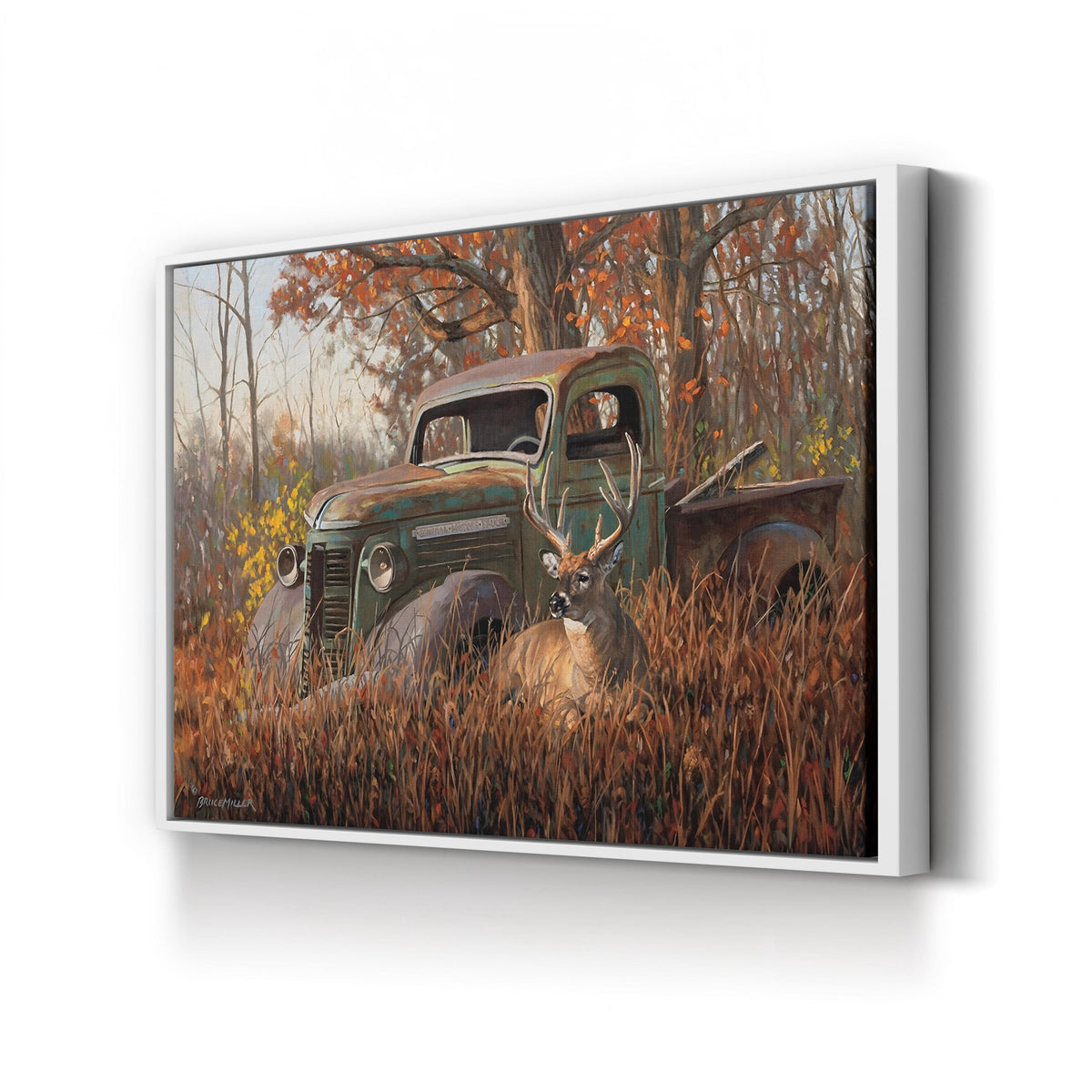 A Buck and a Truck, by Bruce Miller canvas print in white frame