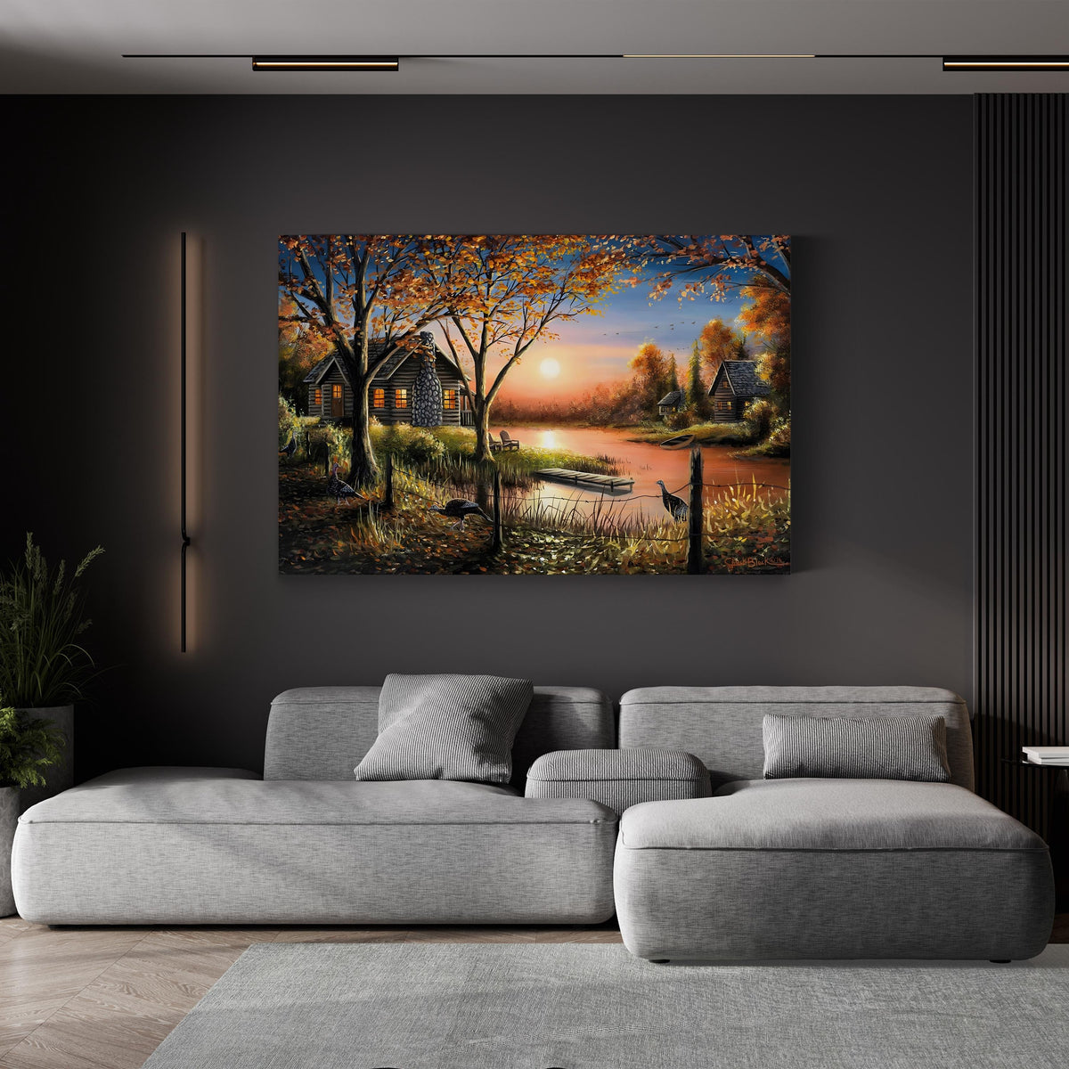 An Autumn Sunset by Chuck Black canvas print displayed in a gray-sofa living room