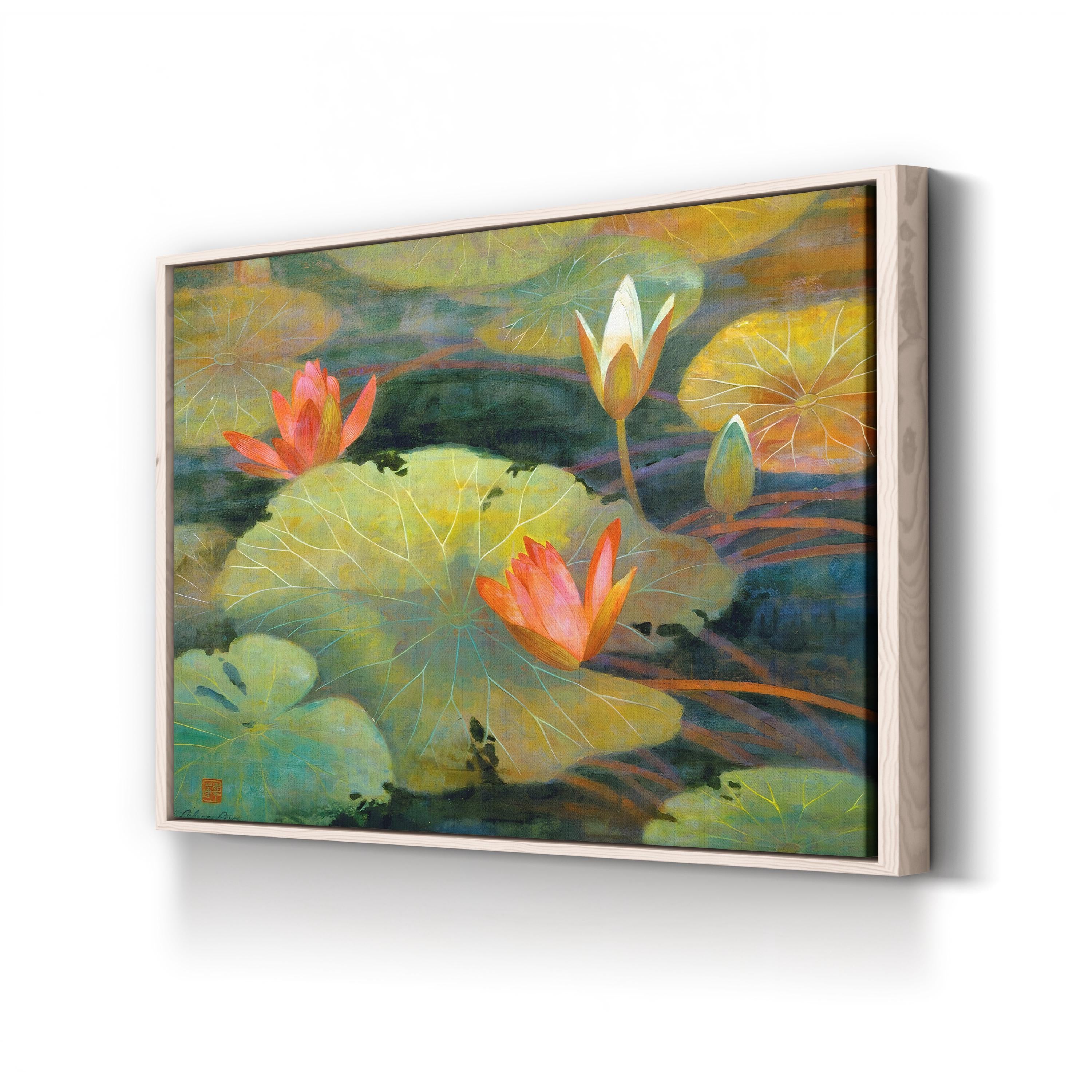 Framed painting of water lilies on a white wall
