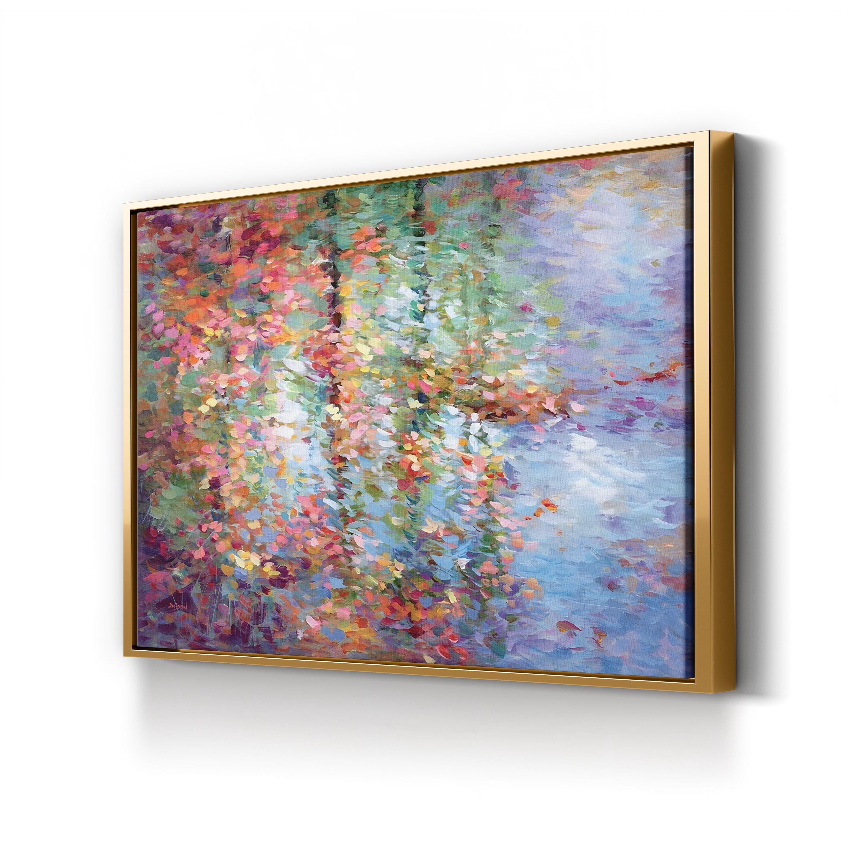 Framed painting of colorful floral arrangement on a white wall