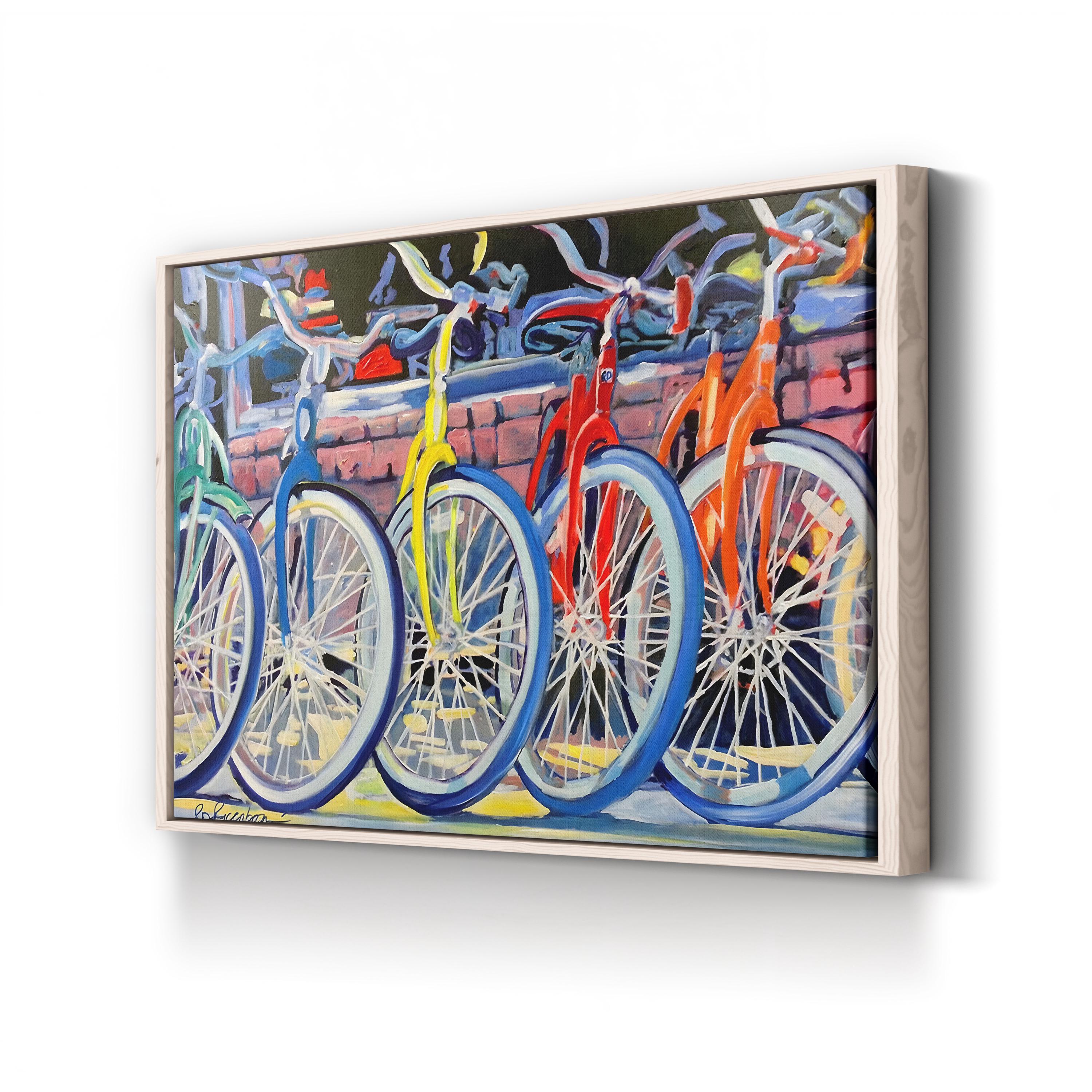 Vintage Bicycle Shop Canvas Art: Yellow Bike & Colorful Storefront Scene