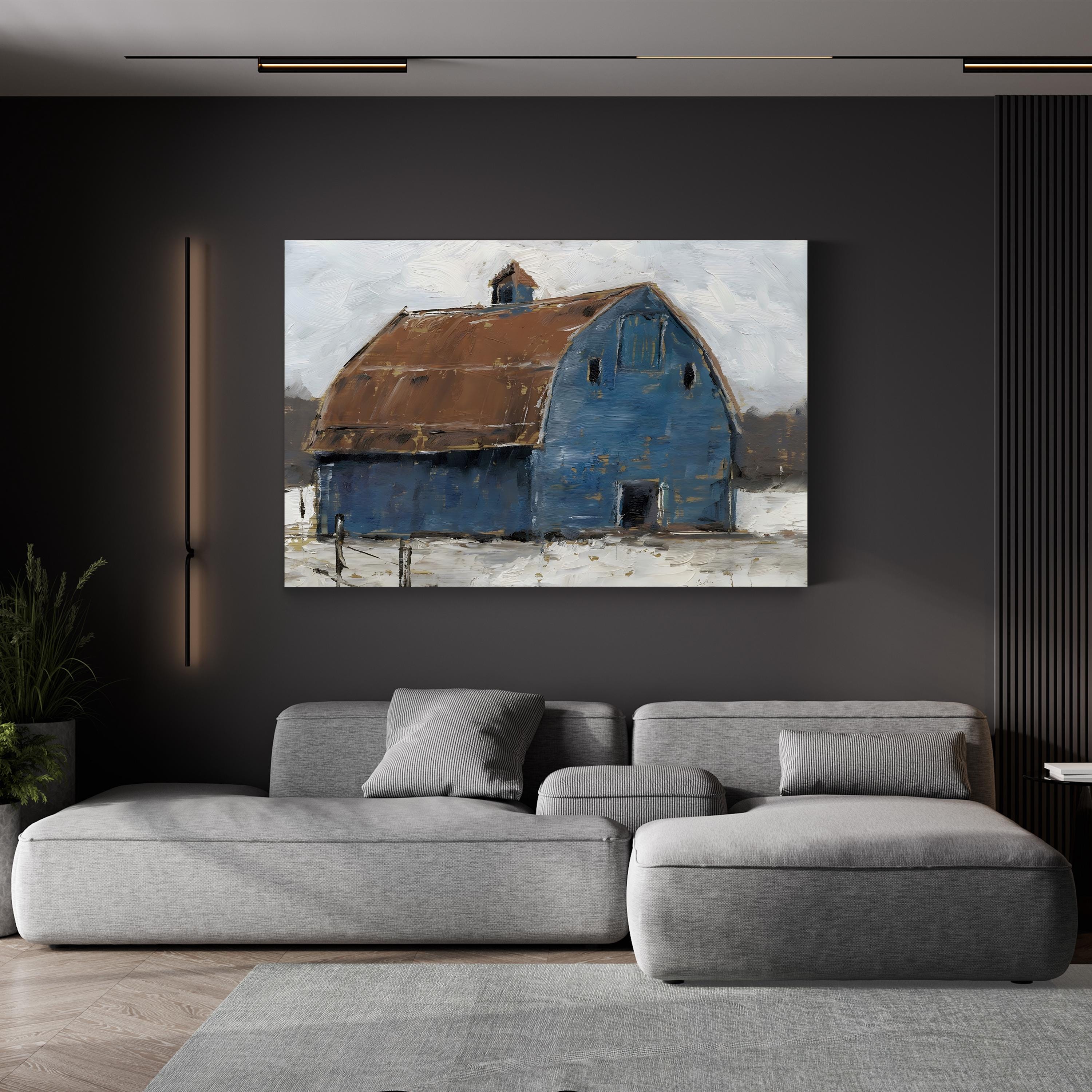 Blue Barn I Wall Art by Ethan Harper – Farmhouse Rural Landscape Canvas