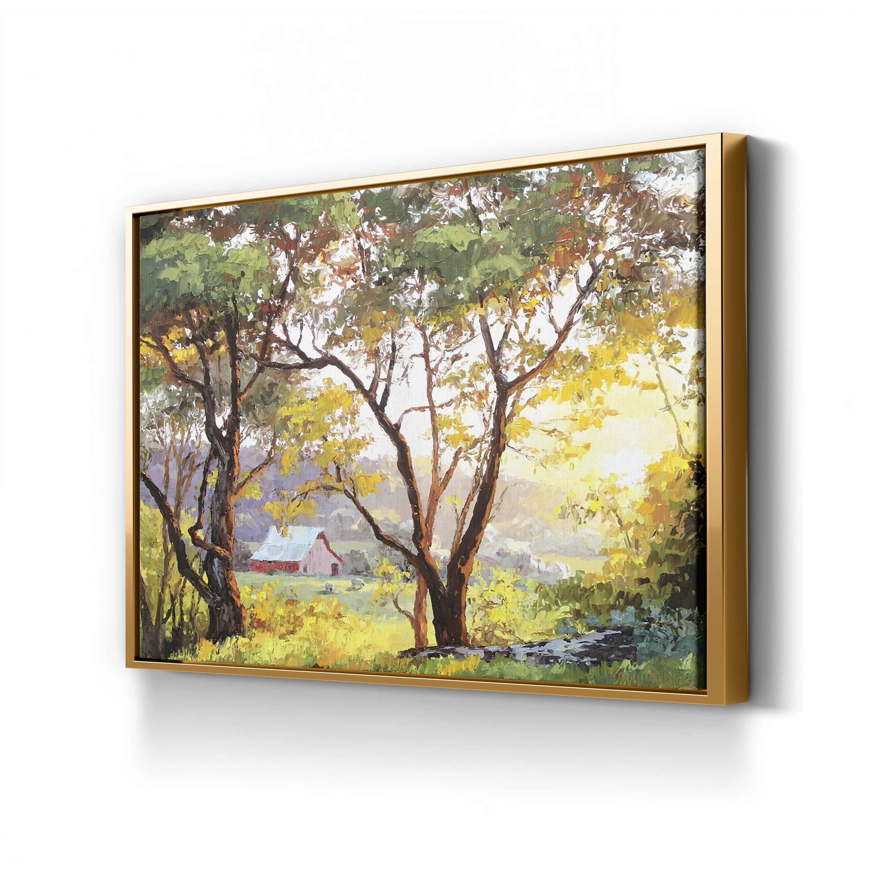 Burnished Landscape Wall Art by Erin Dertner | Sunlit Countryside Barn Landscape Canvas