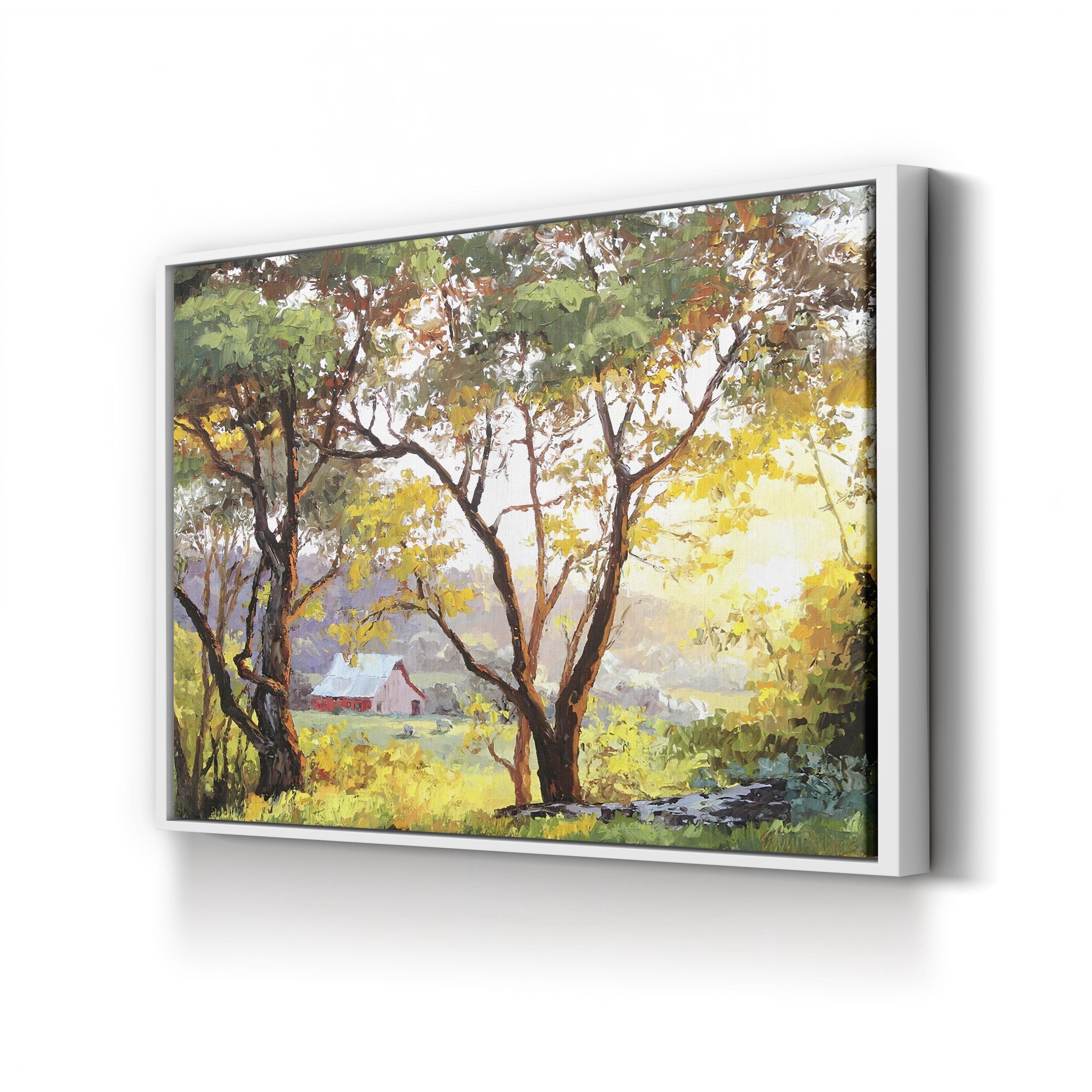 Burnished Landscape Wall Art by Erin Dertner | Sunlit Countryside Barn Landscape Canvas