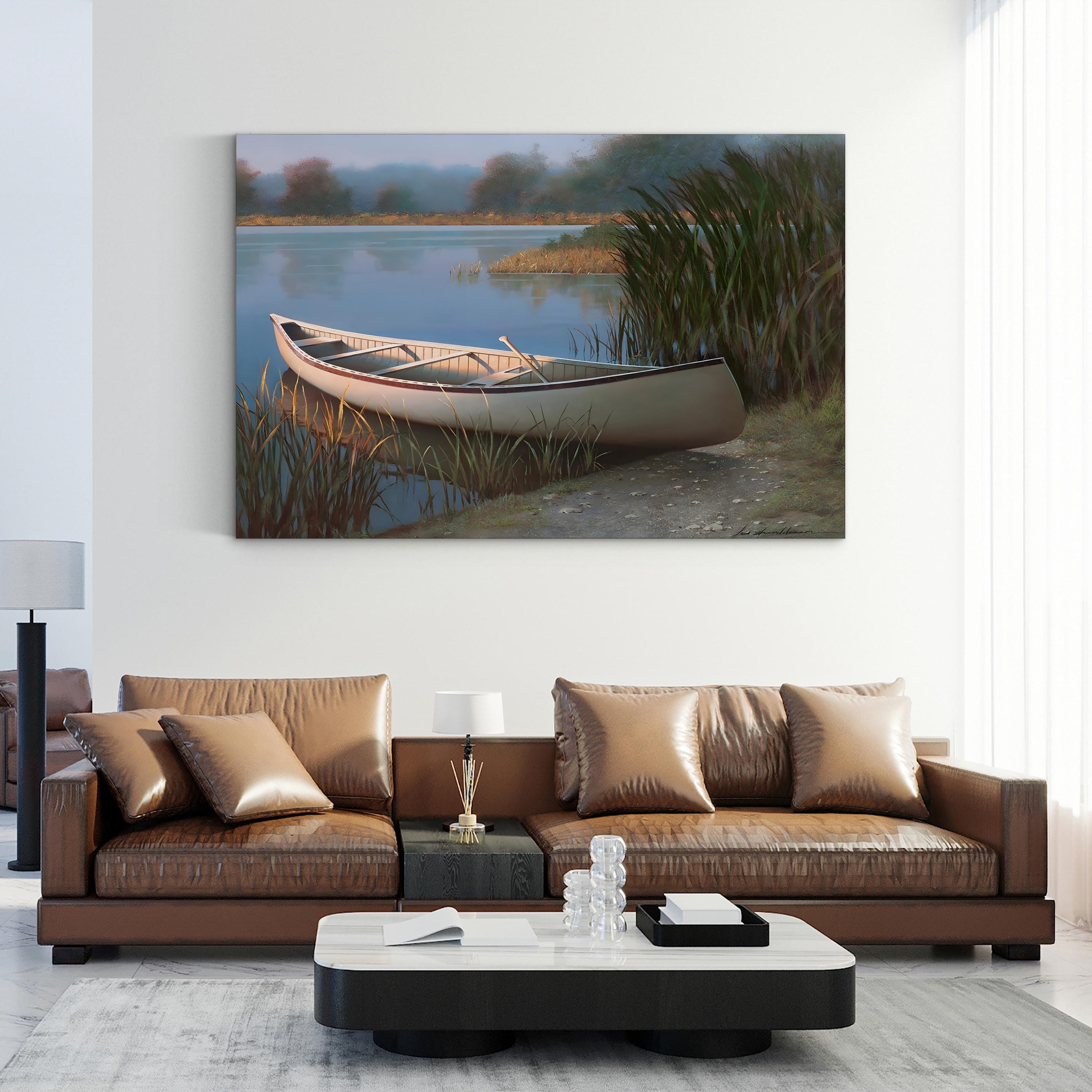 Canoe on the Shore Wall Art by Zhen-Huan Lu – Tranquil Lake Landscape Canvas