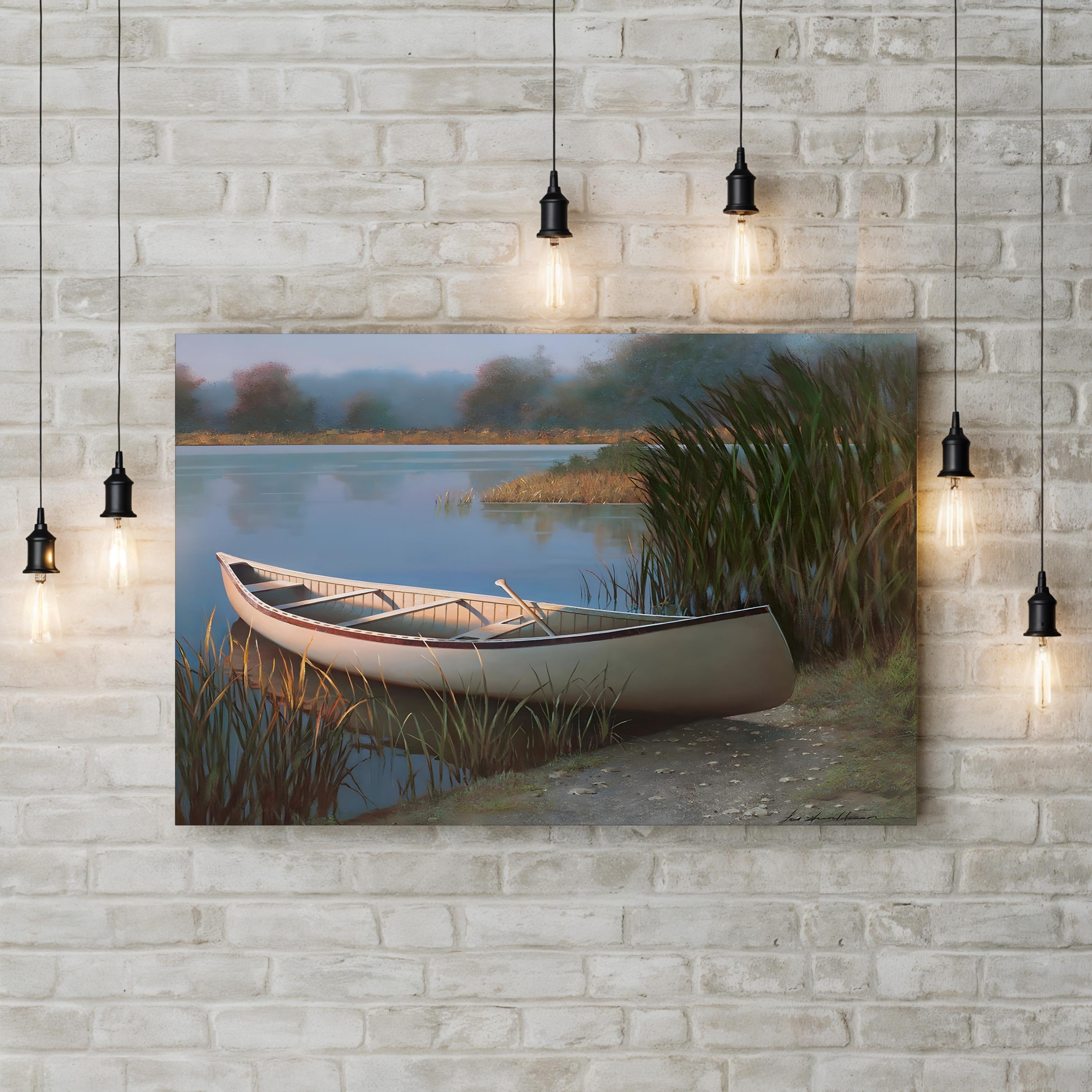 Canoe on the Shore Wall Art by Zhen-Huan Lu – Tranquil Lake Landscape Canvas