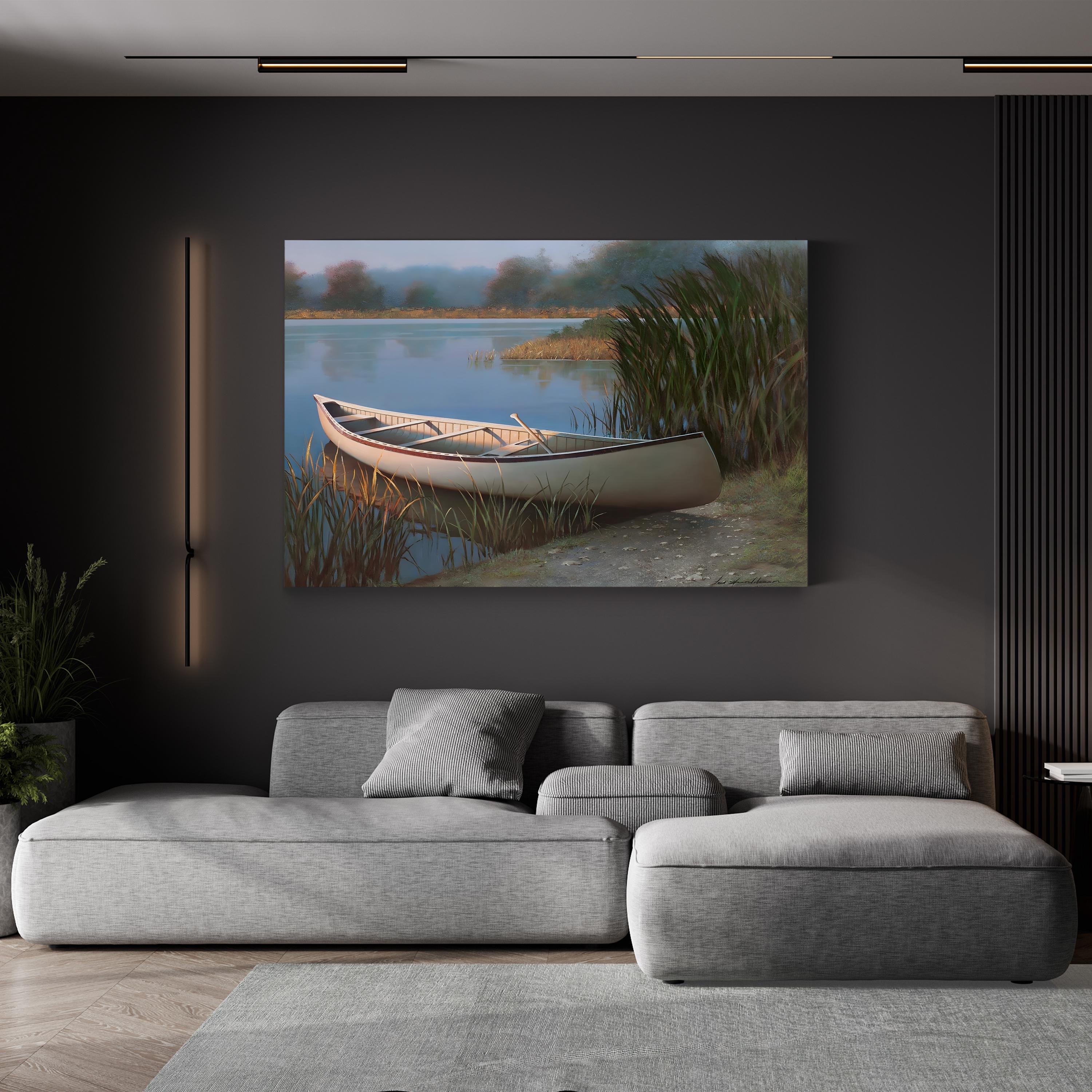 Canoe on the Shore Wall Art by Zhen-Huan Lu – Tranquil Lake Landscape Canvas