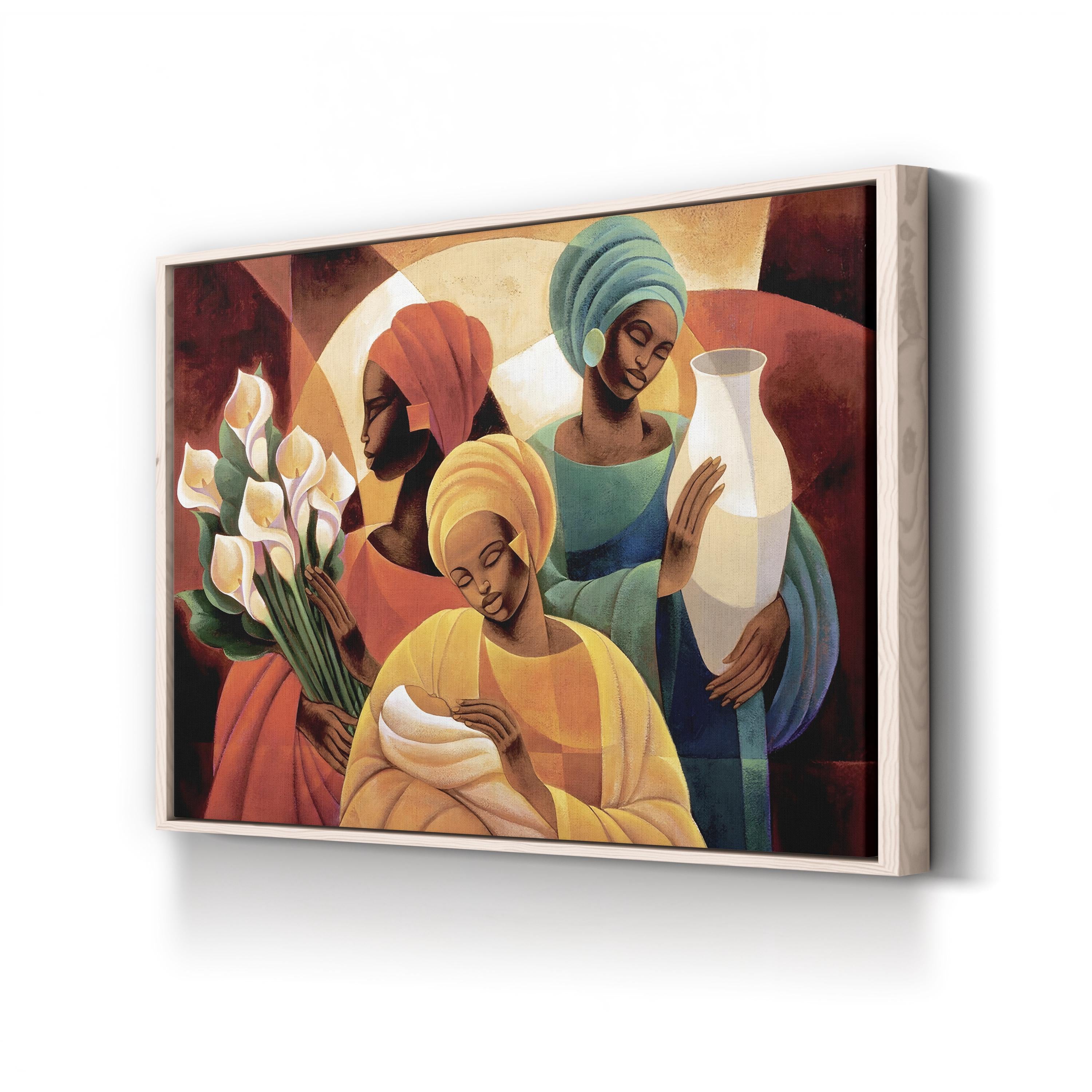 Framed artwork of three women holding flowers and a vase on a white wall.