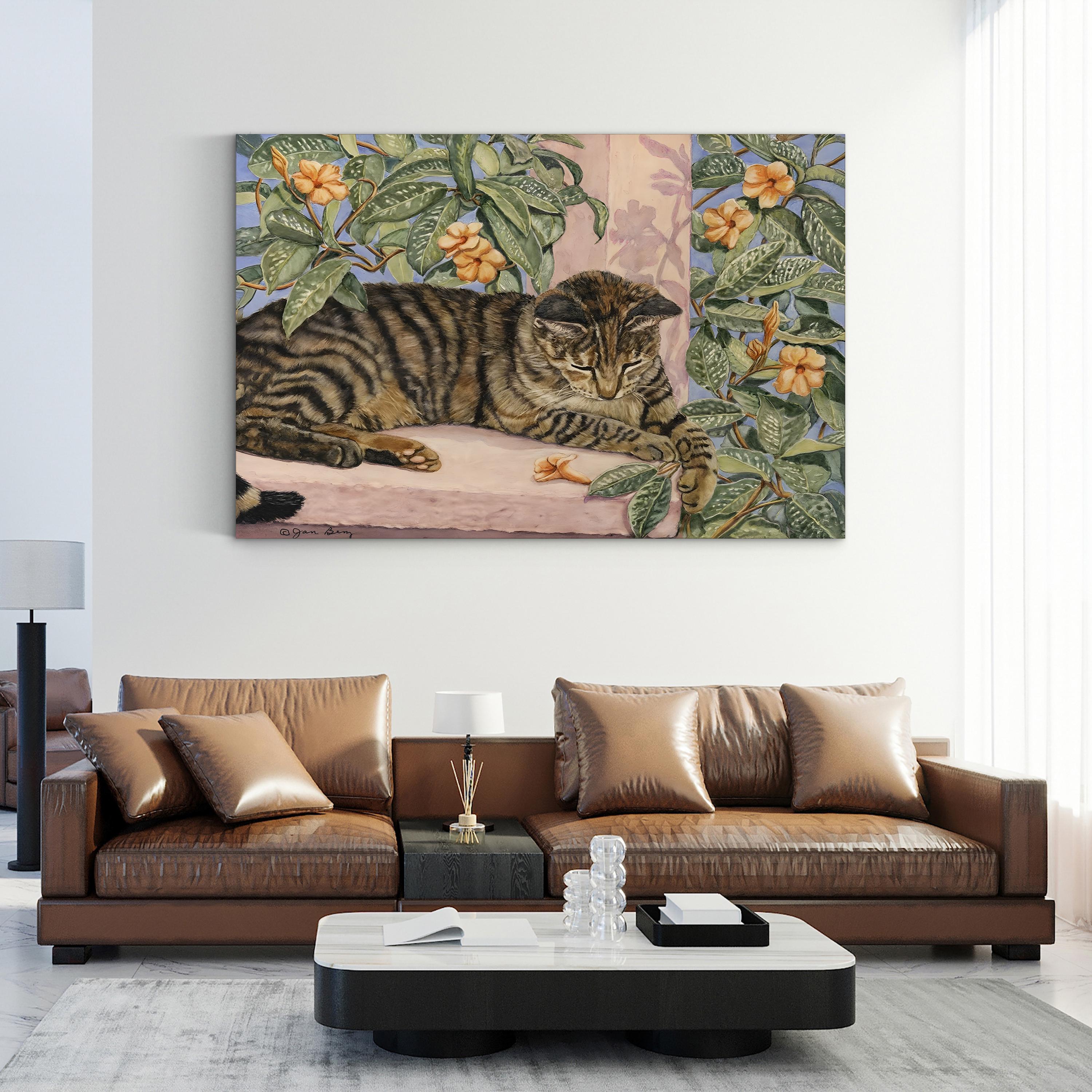 Caribbean Cat Wall Art by Jan Benz | Contemporary Floral Animal Illustration Canvas