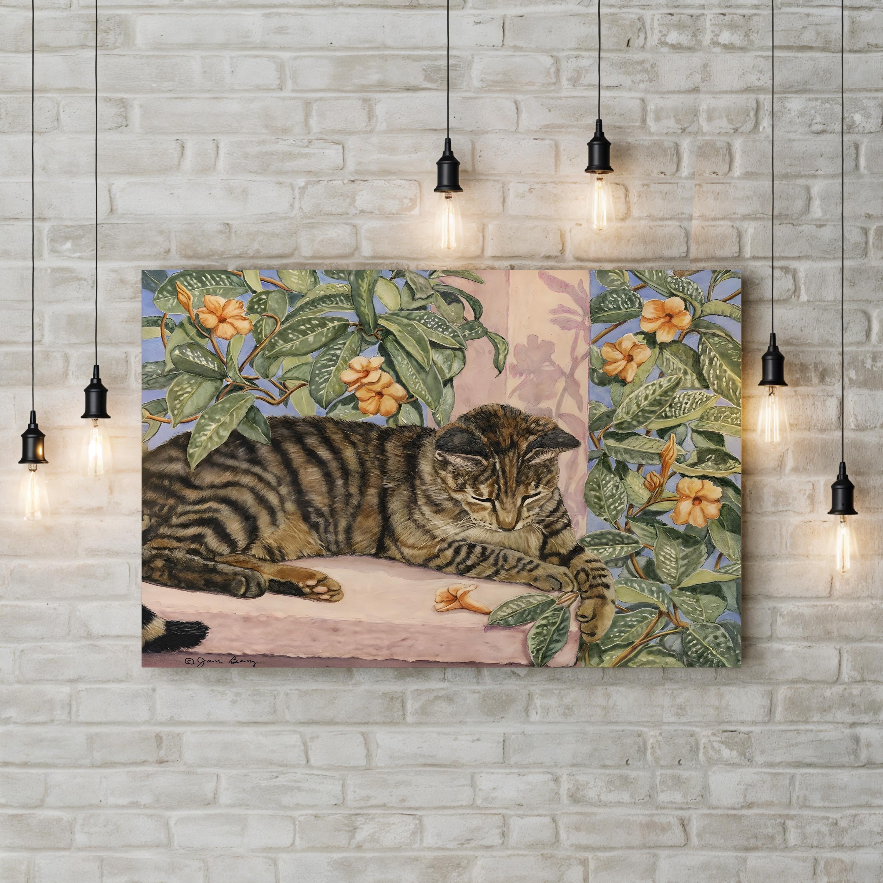 Caribbean Cat Wall Art by Jan Benz | Contemporary Floral Animal Illustration Canvas