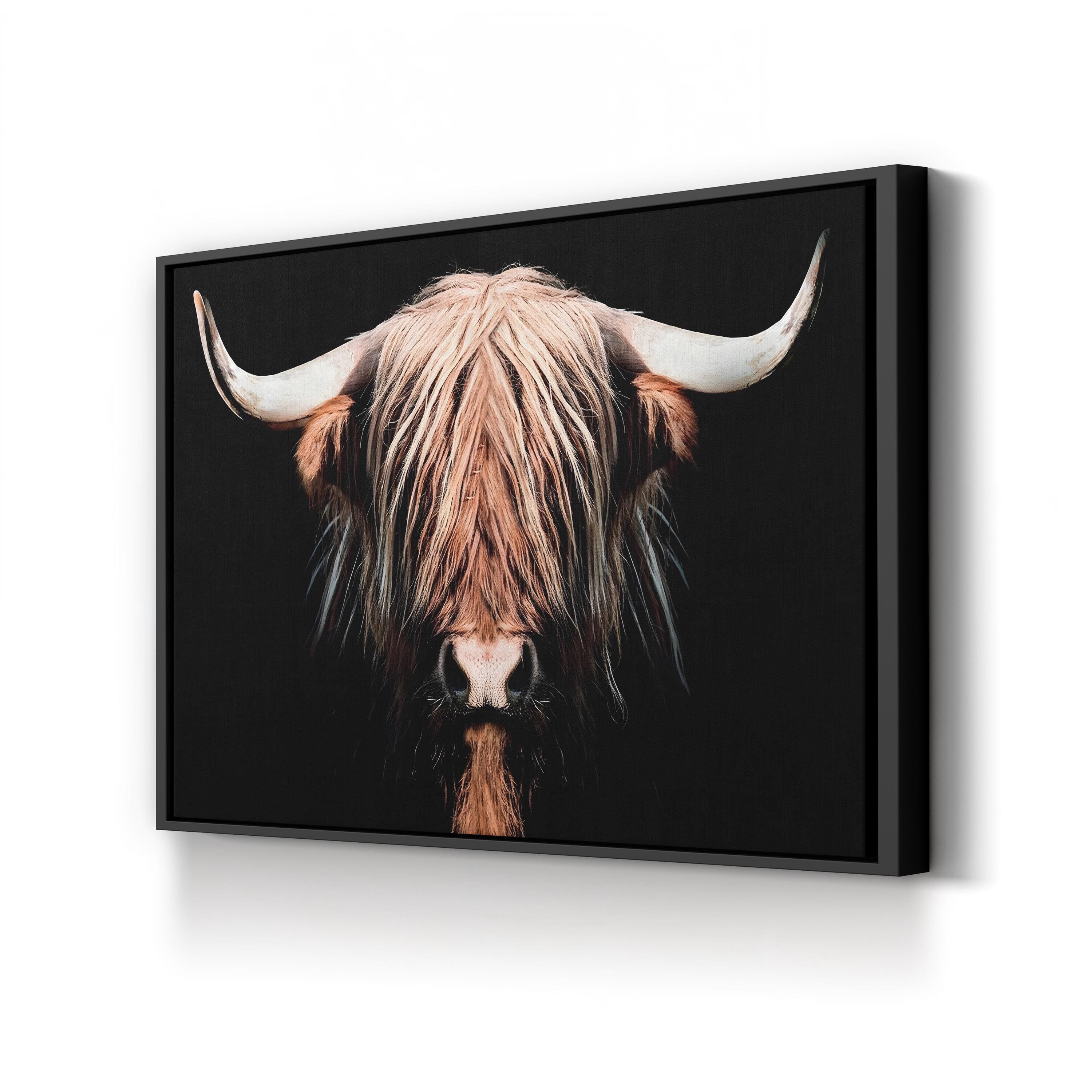 Dark Highland Cow Canvas Wall Art | Long Hair & Horns Rustic Farmhouse Animal Decor