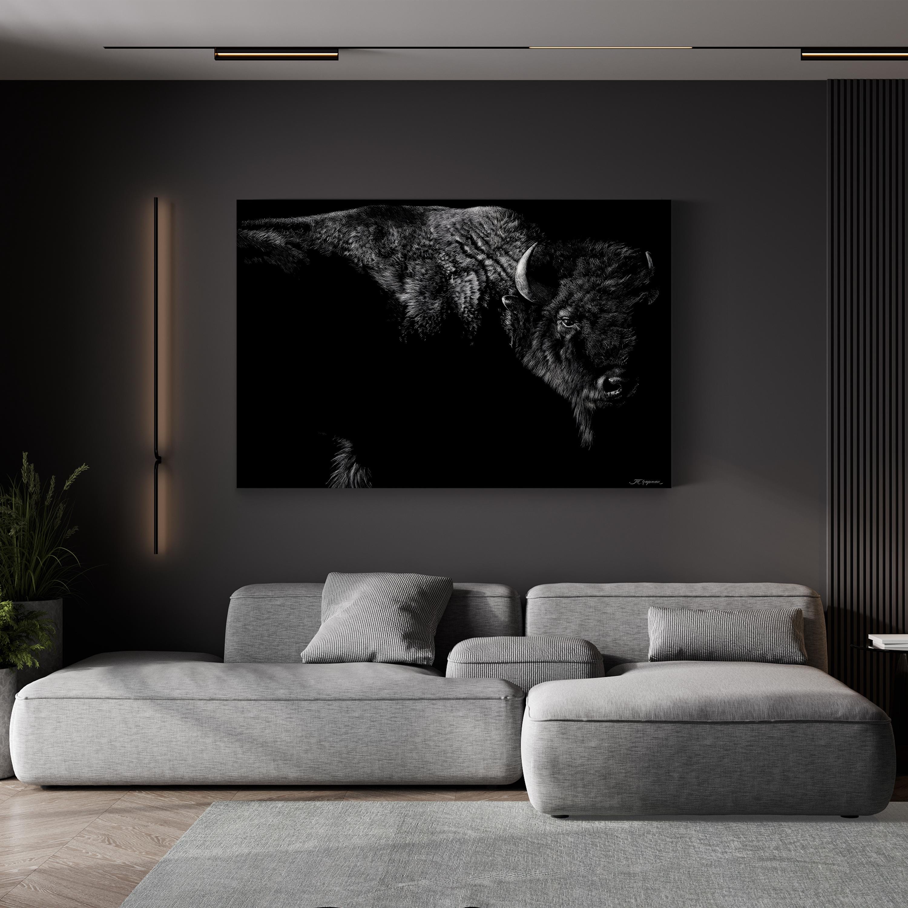Enduring Wall Art by Julie Chapman | Black and White Bison Wildlife Canvas Print