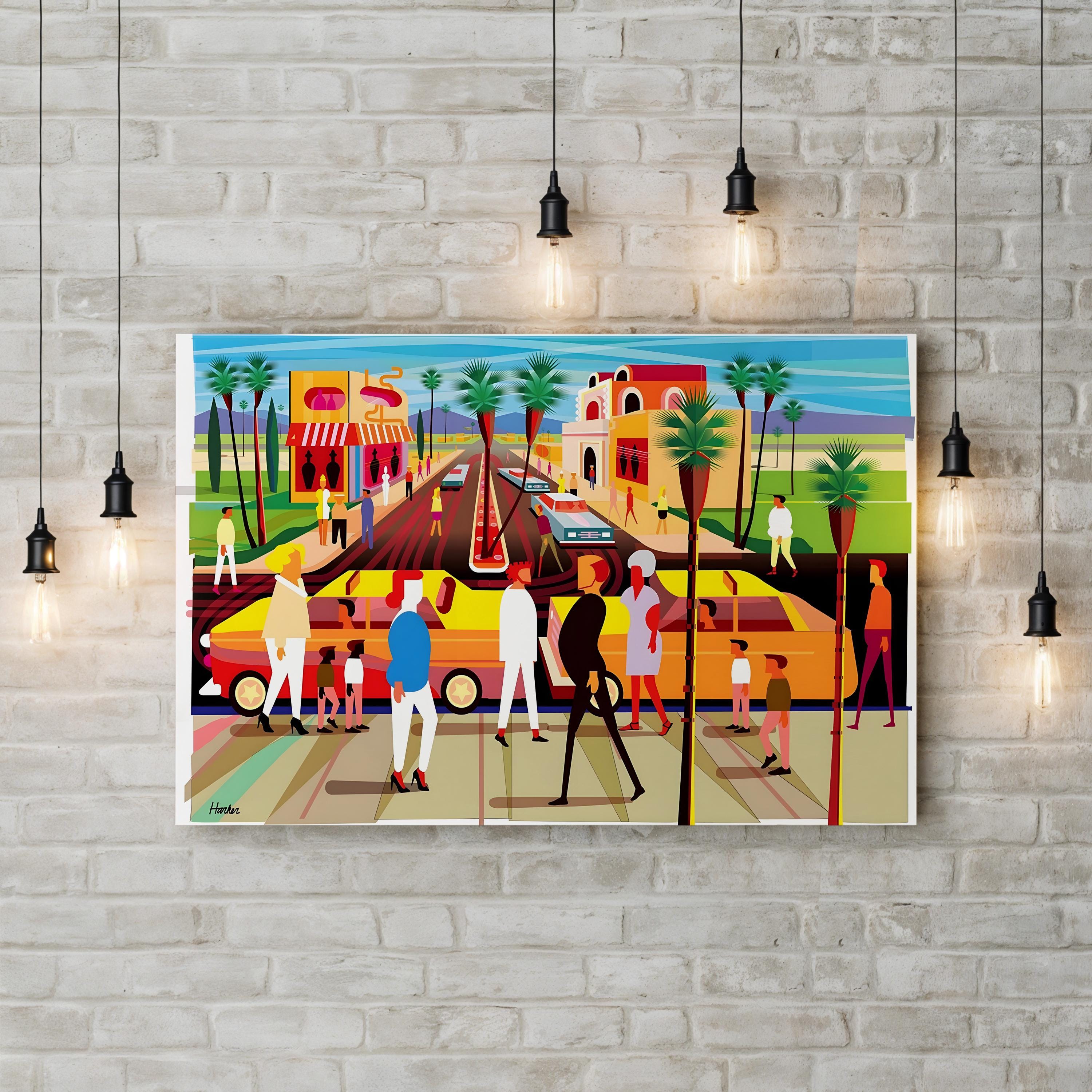 El Paseo Palm Springs Wall Art – Charles Harker | Colorful Urban Street Scene Canvas Print