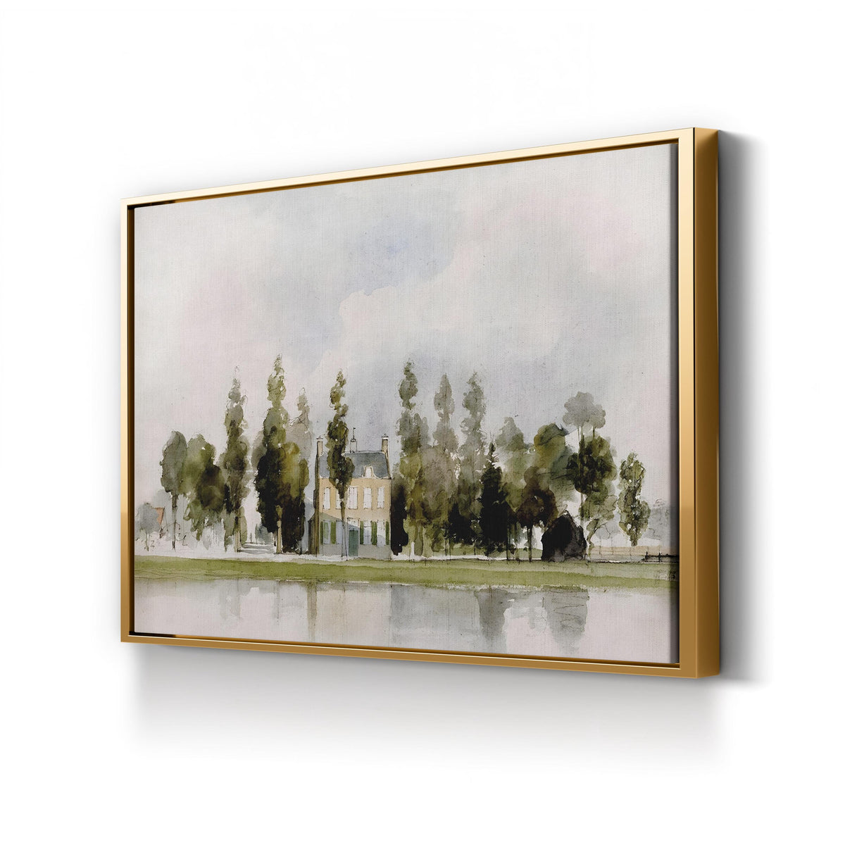 English Cottage I Wall Art by JVT Studio - Watercolor Riverfront Countryside Canvas Print canvas print in Gold Framed Canvas