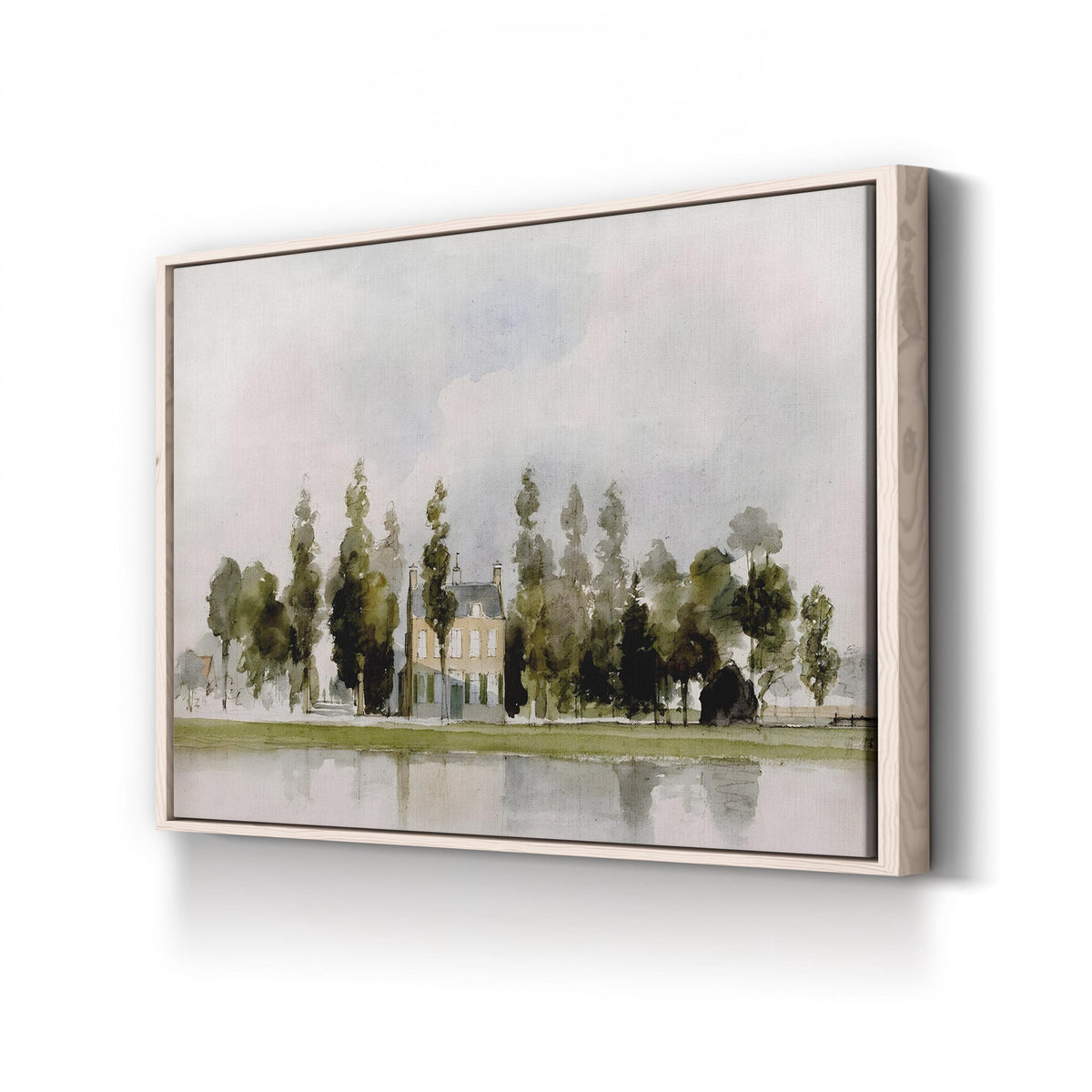 English Cottage I Wall Art by JVT Studio - Watercolor Riverfront Countryside Canvas Print canvas print in Natural Frame Canvas