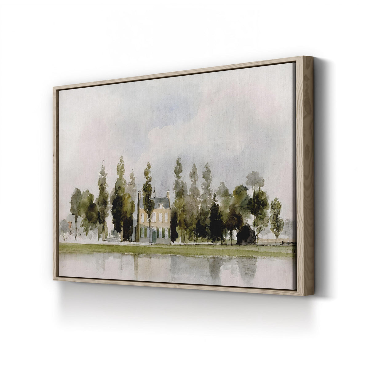 English Cottage I Wall Art by JVT Studio - Watercolor Riverfront Countryside Canvas Print canvas print in Oak Framed Canvas