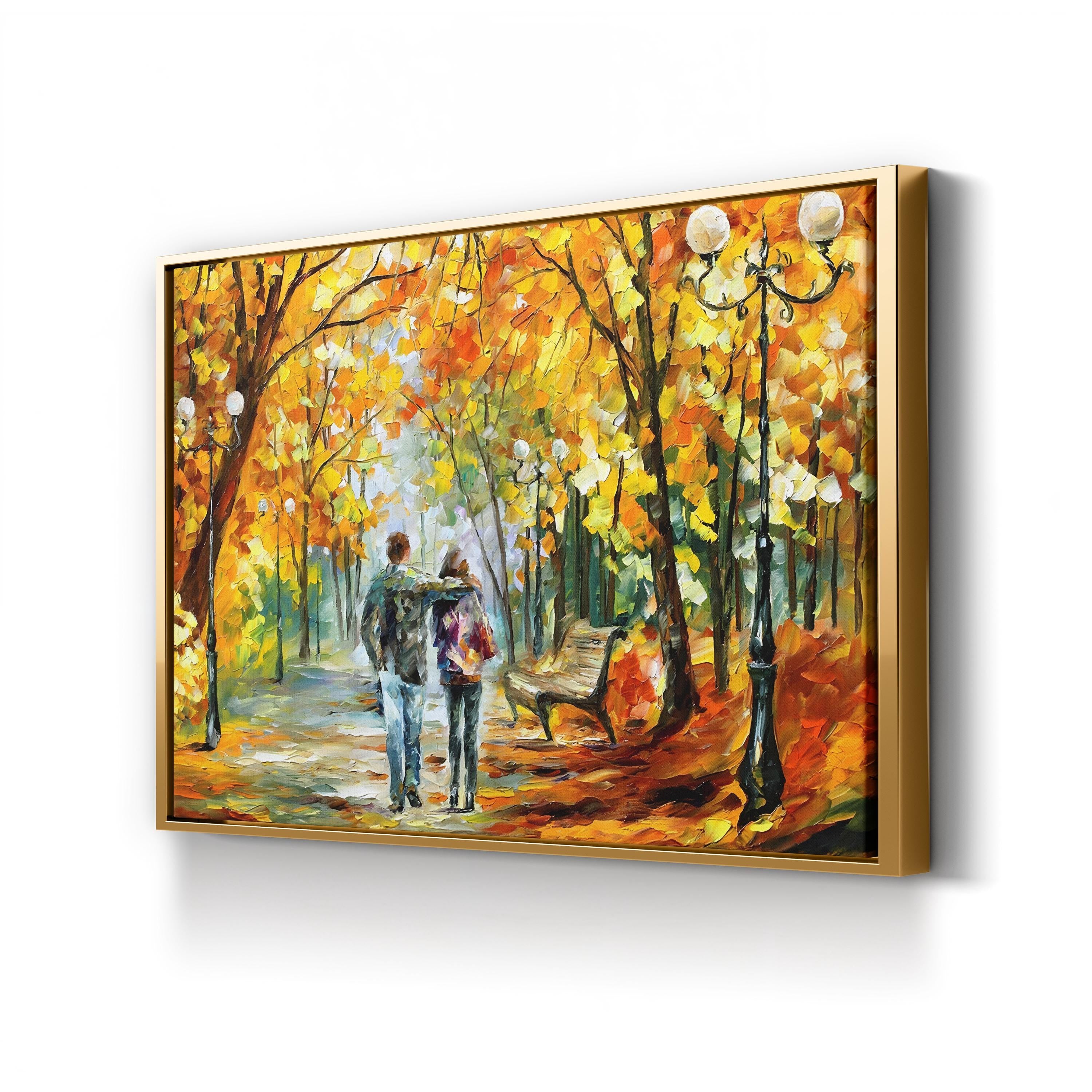 Autumn Walk Park Sunset – Period Illustration Wall Art | Warm Fall Landscape Canvas Print