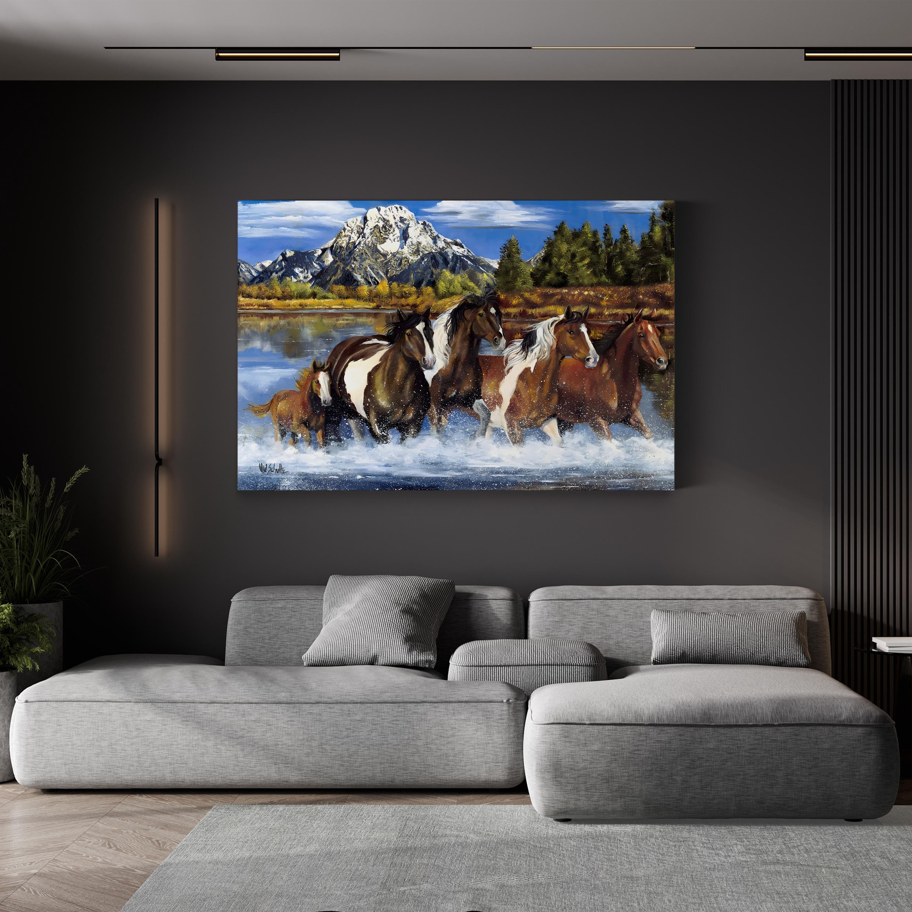Western Horses Crossing the River – Period Illustration Wall Art | Rustic Cowboy Canvas Print
