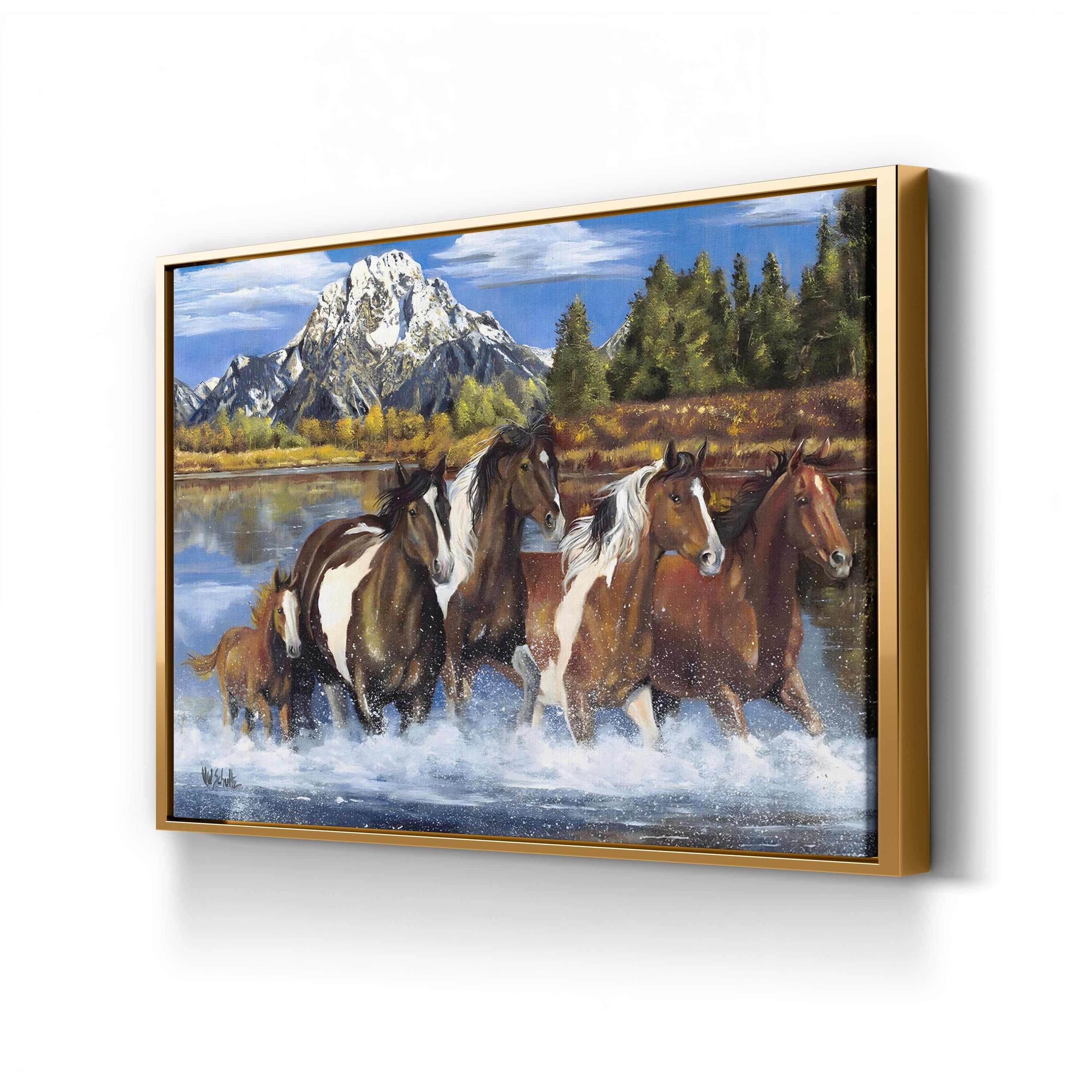 Western Horses Crossing the River – Period Illustration Wall Art | Rustic Cowboy Canvas Print