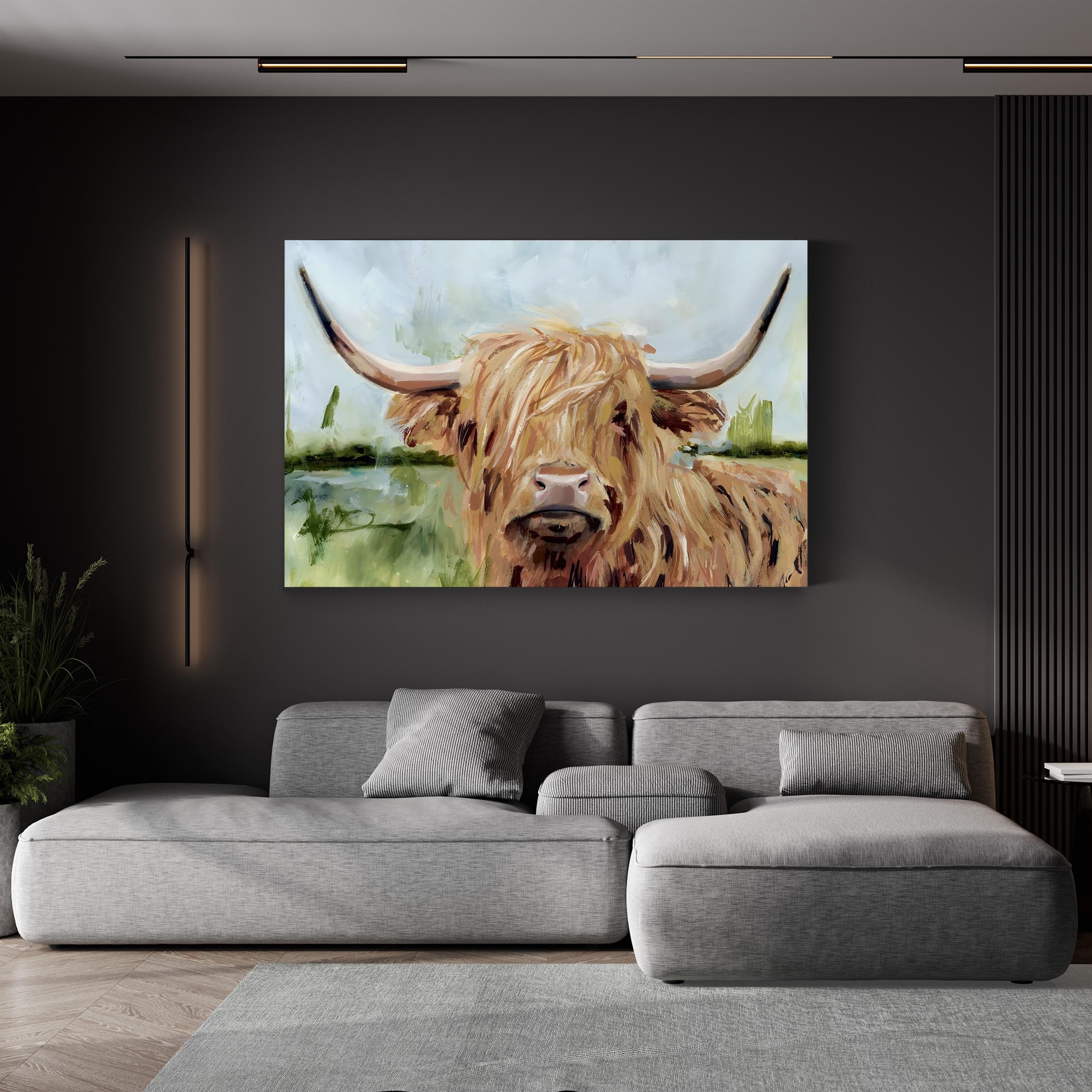 Highland Grazer I Canvas Wall Art | Framed Highland Cow Landscape by Victoria Borges