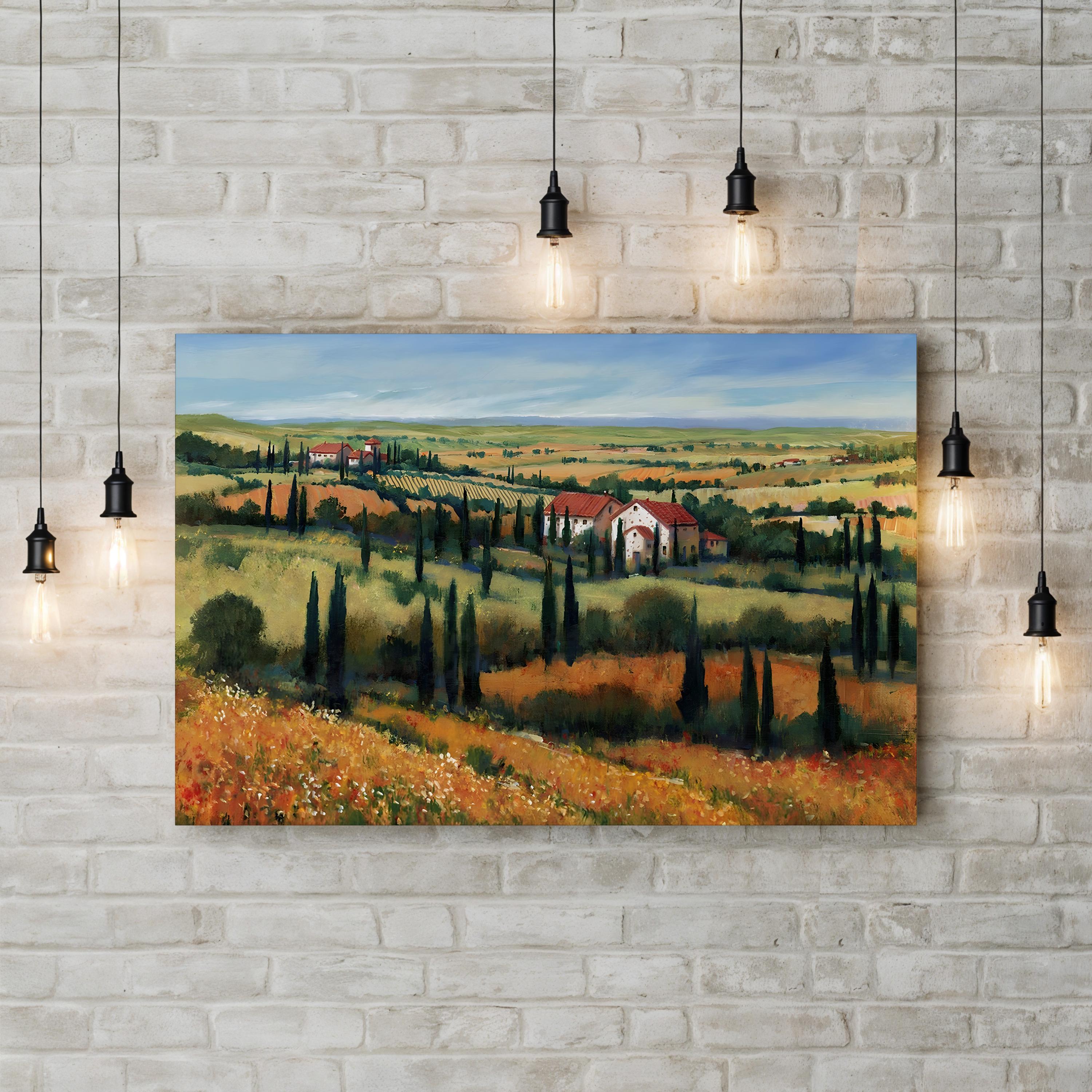 Tuscany Vineyard Canvas Art: Italy Landscape Painting, Farmhouse Wall Decor