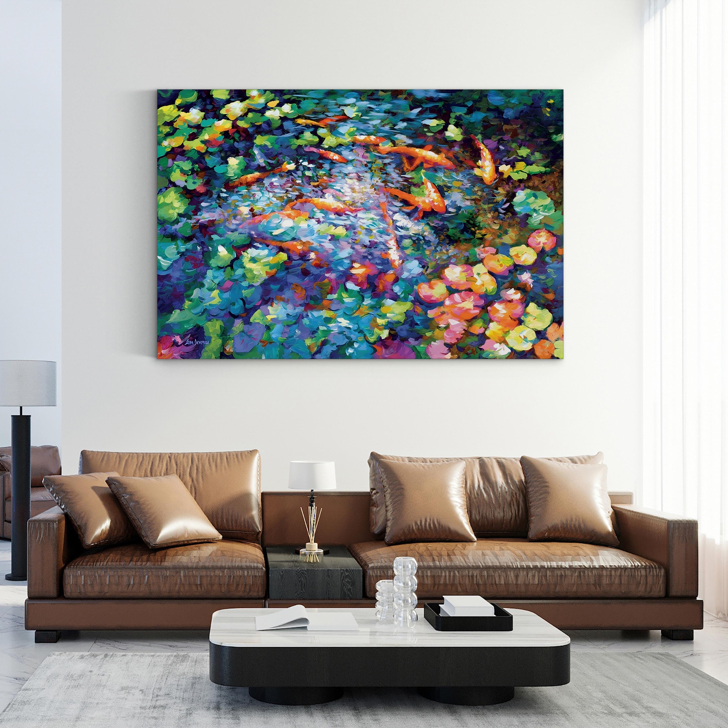 Koi Fish and Water Lilies II Wall Art by Leon Devenice | Contemporary Japanese-Inspired Aquatic Canvas