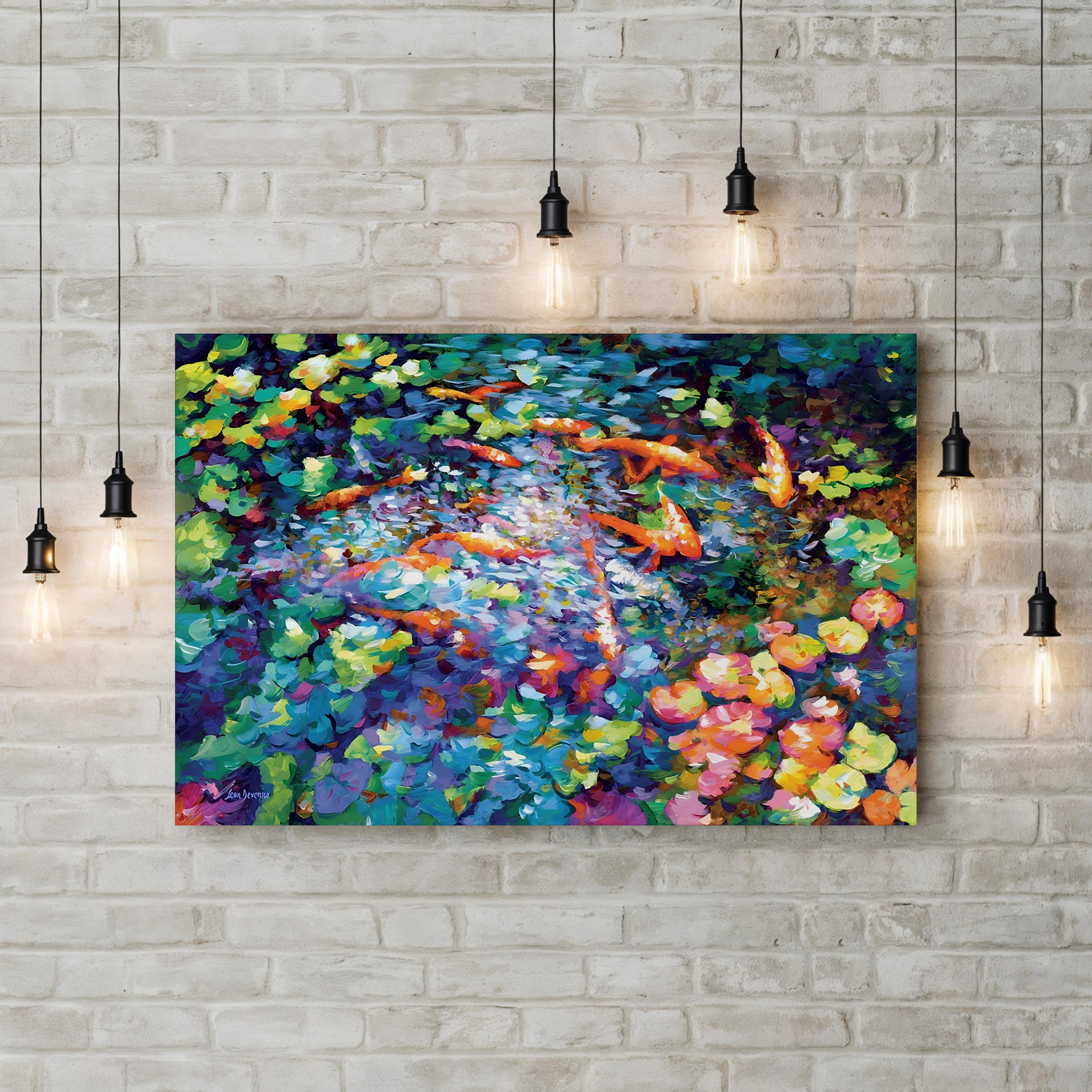 Koi Fish and Water Lilies II Wall Art by Leon Devenice | Contemporary Japanese-Inspired Aquatic Canvas