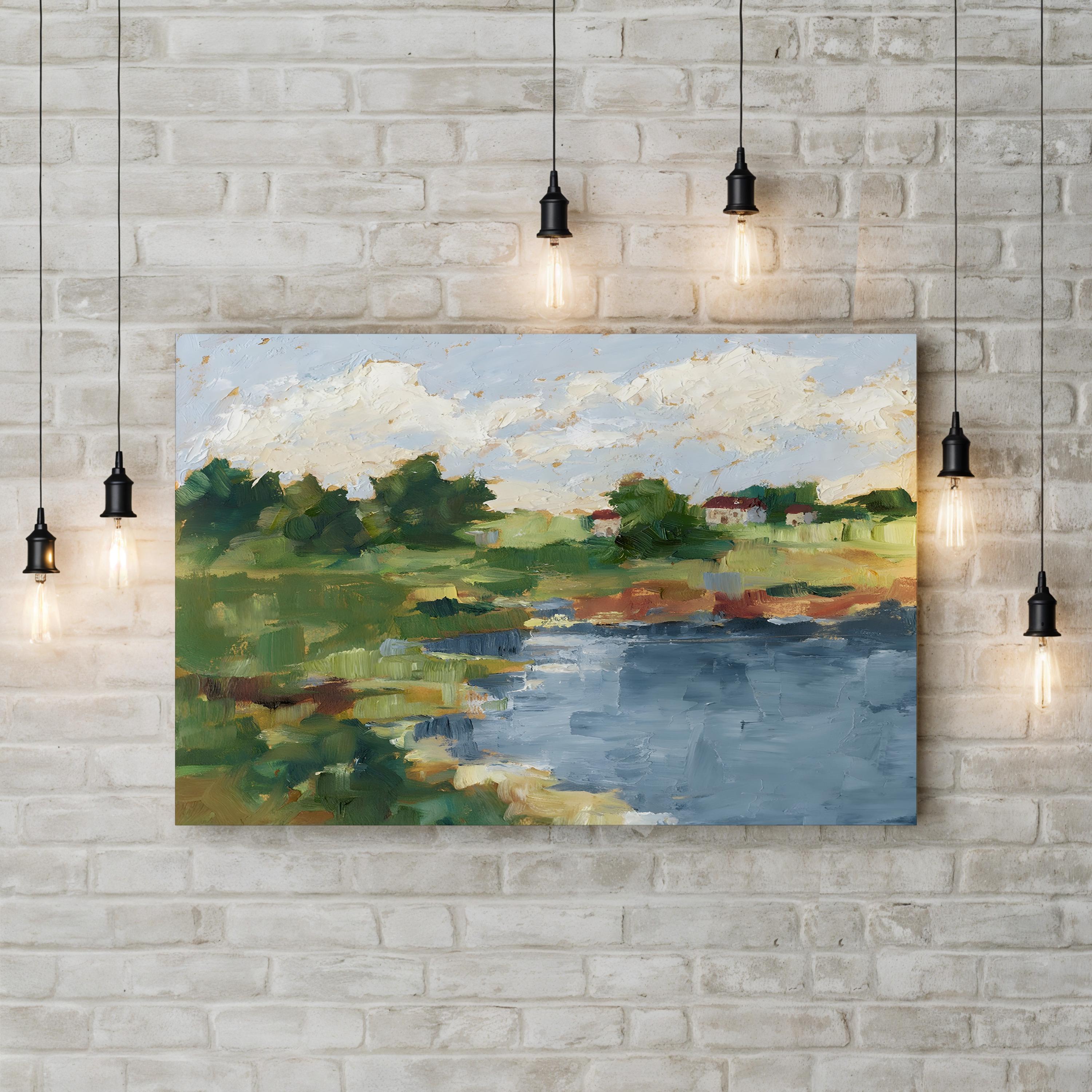 Lakeside Cottages III – Framed Nautical Landscape Canvas Art by Ethan Harper
