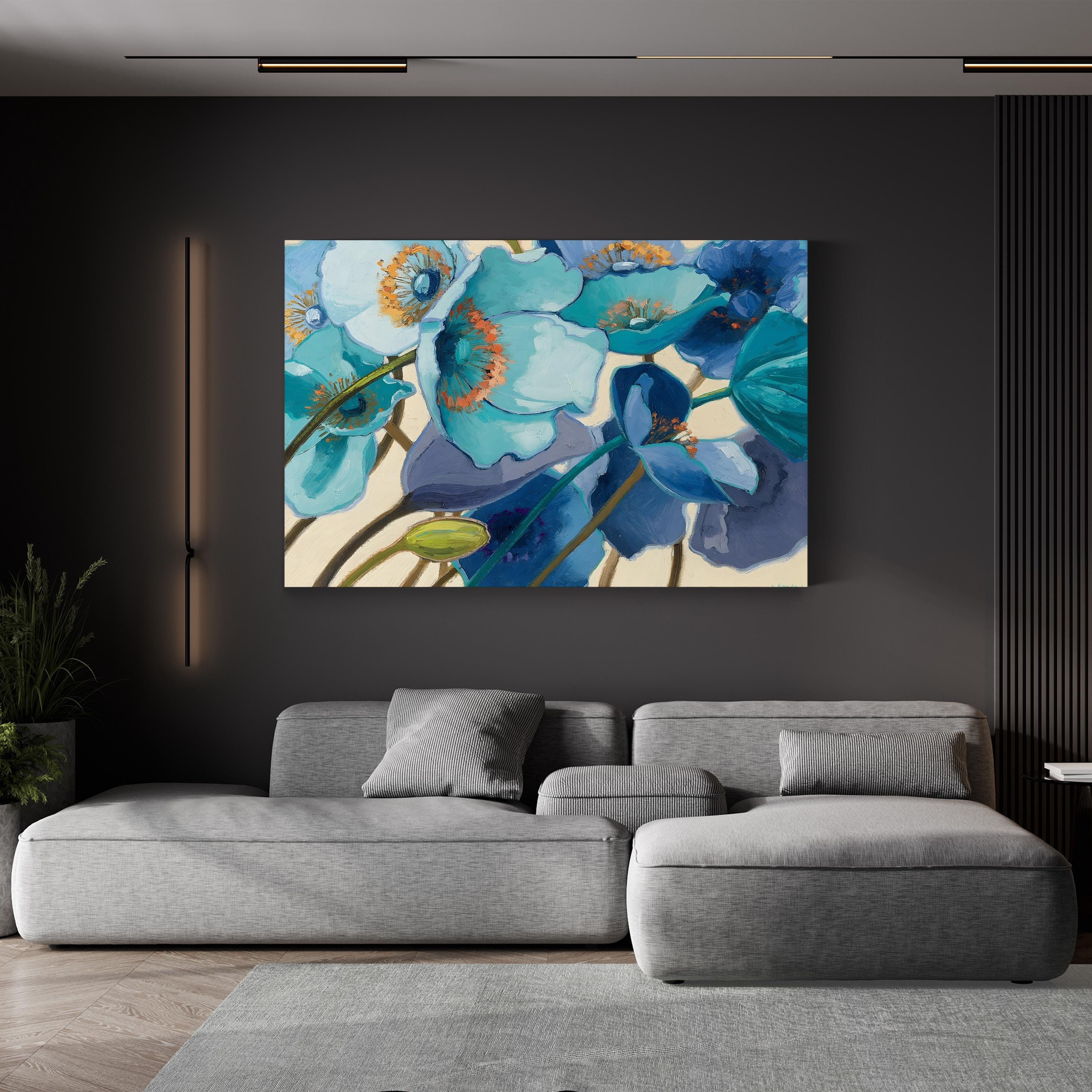 Le Pavots Bleu Wall Art by Shirley Novak | Contemporary Abstract Blue Poppy Floral Canvas Print