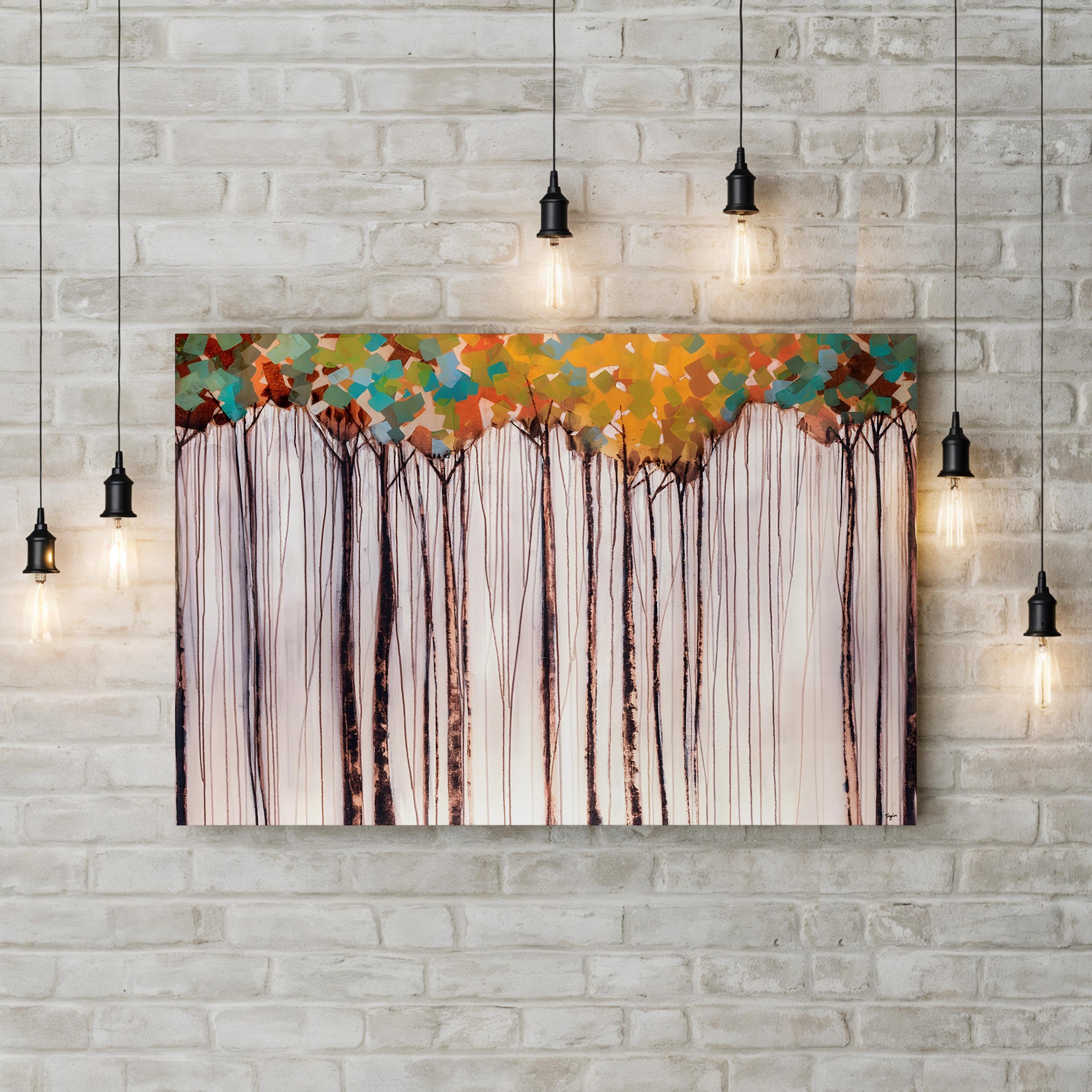 Abstract painting of trees with colorful foliage on a brick wall.