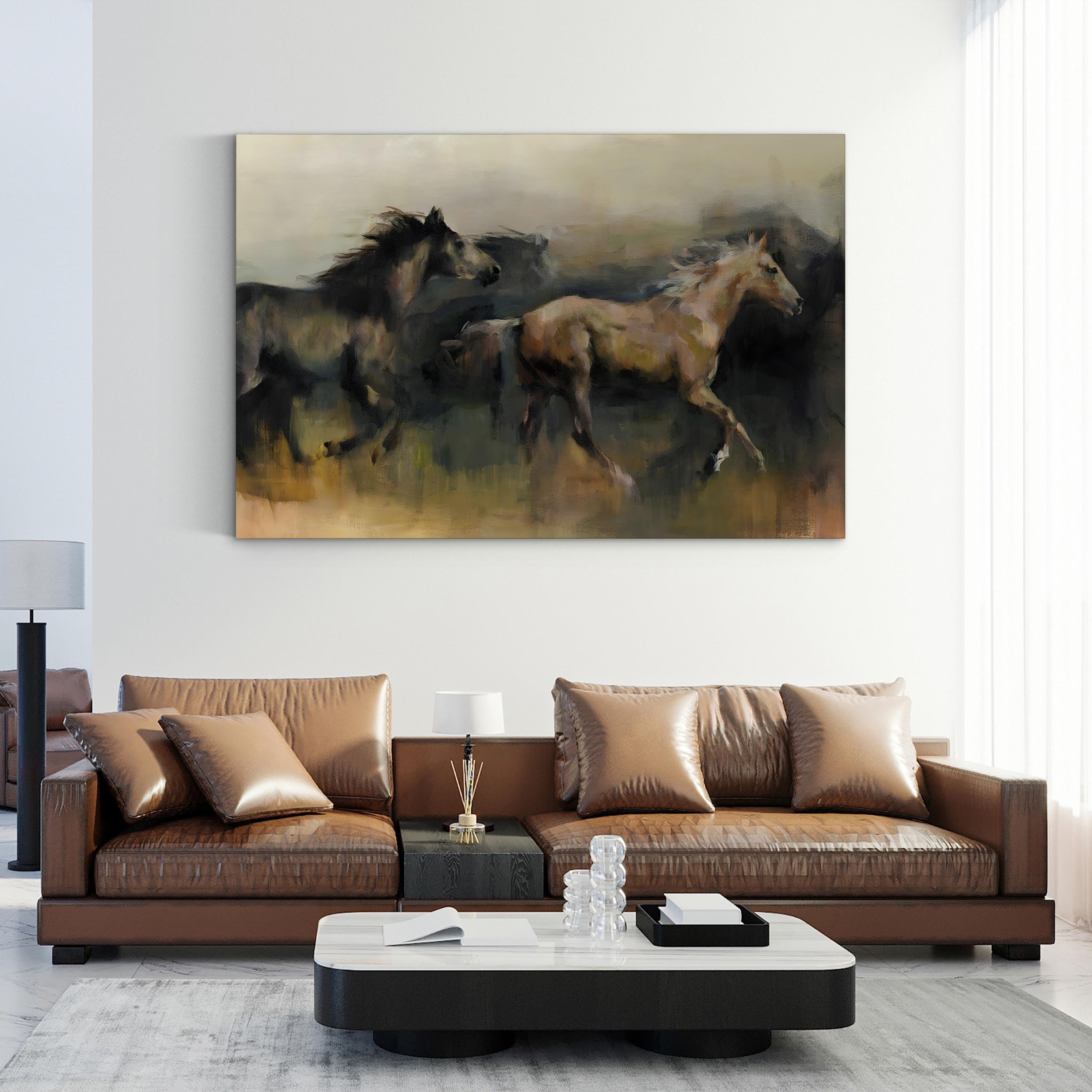 Wild Horses on Open Plains – Period Illustration Wall Art | Western Landscape Canvas Print