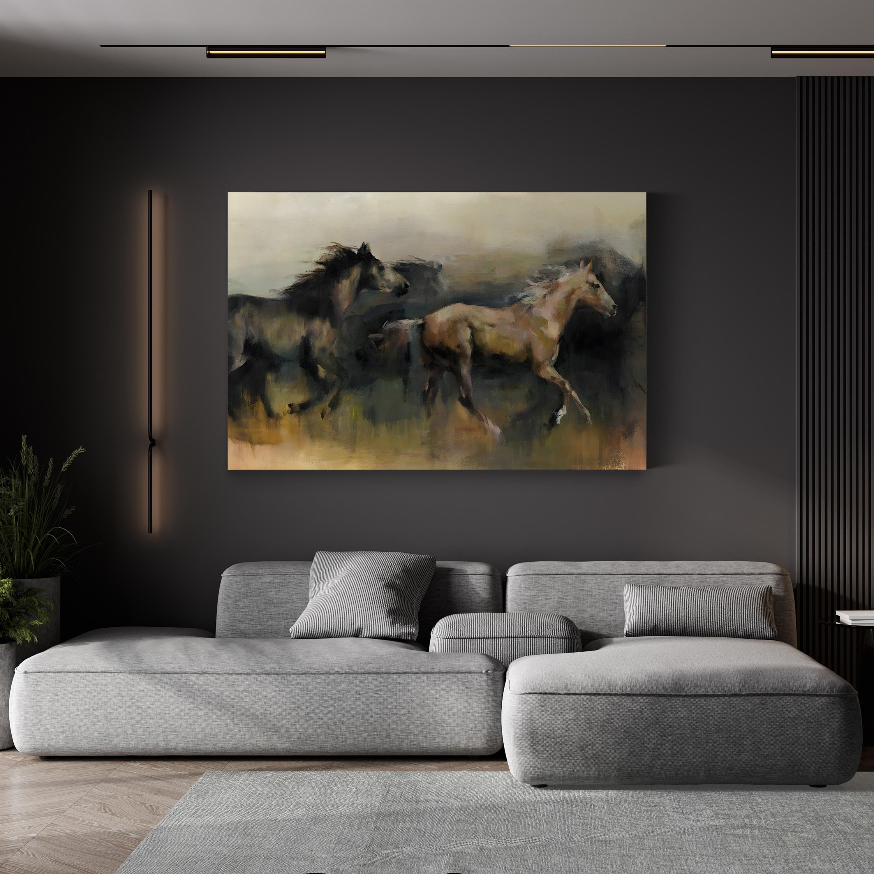 Wild Horses on Open Plains – Period Illustration Wall Art | Western Landscape Canvas Print