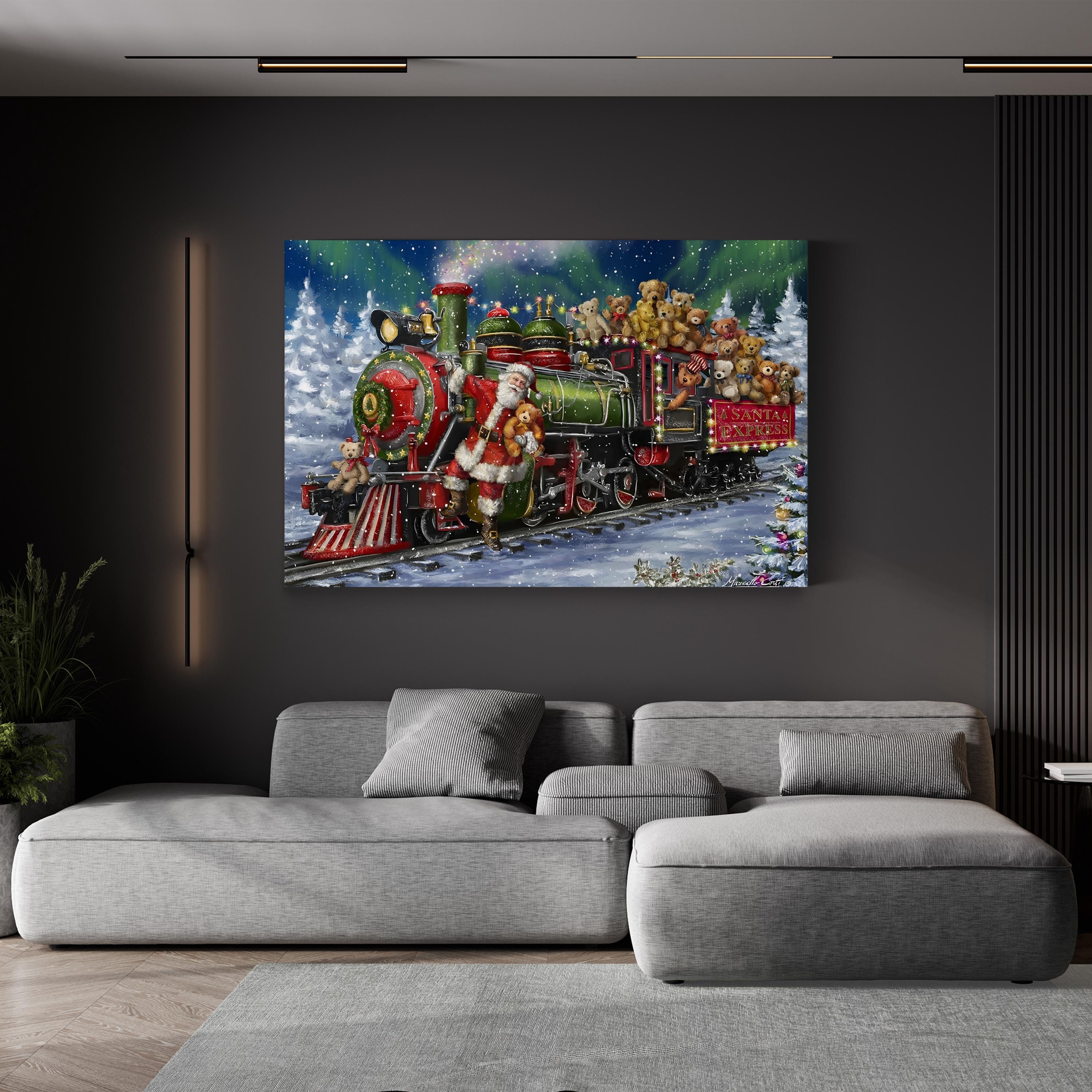 Santa Green / Red Train with Toy Bears Wall Art by Marcello Corti – Festive Christmas Illustration Canvas