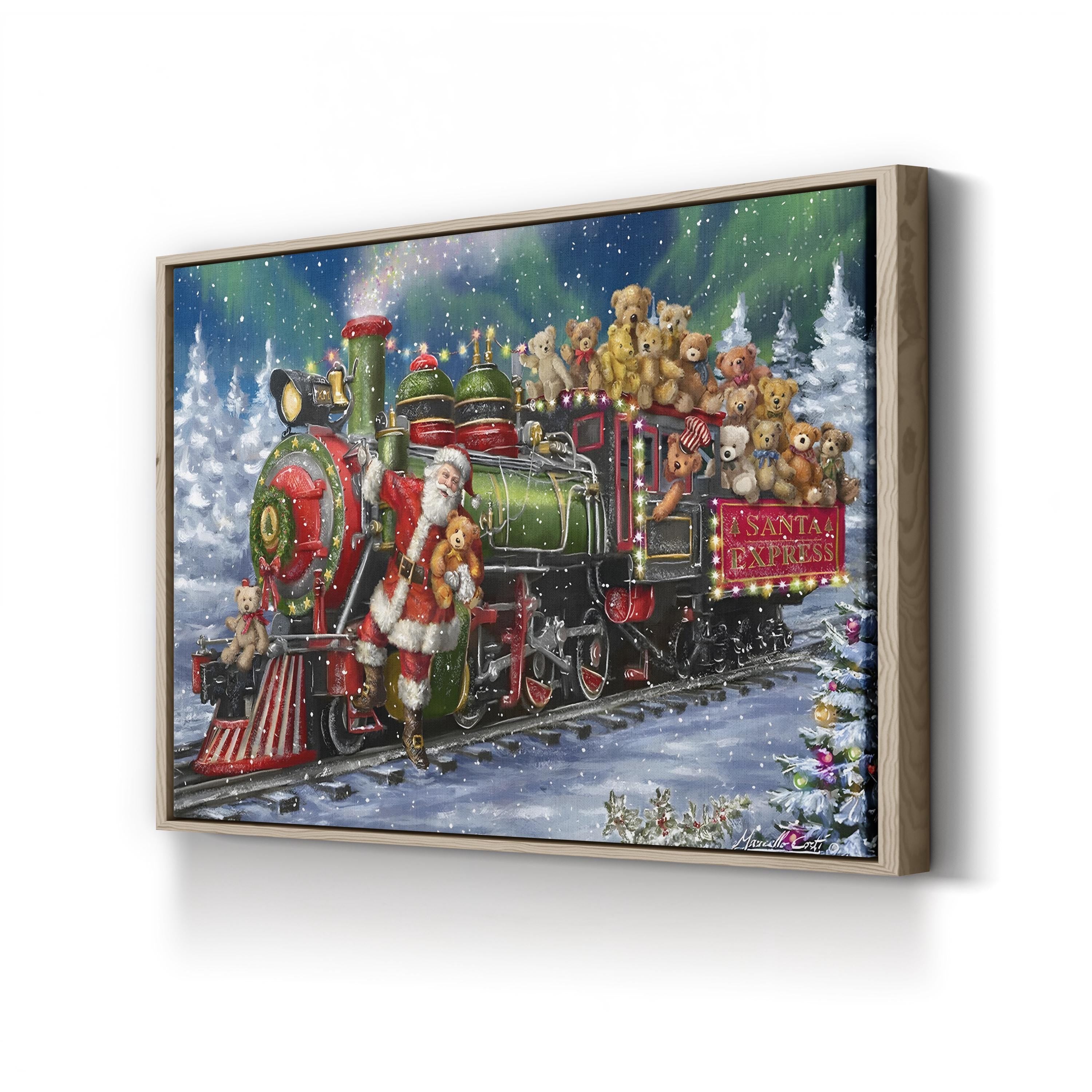 Santa Green / Red Train with Toy Bears Wall Art by Marcello Corti – Festive Christmas Illustration Canvas