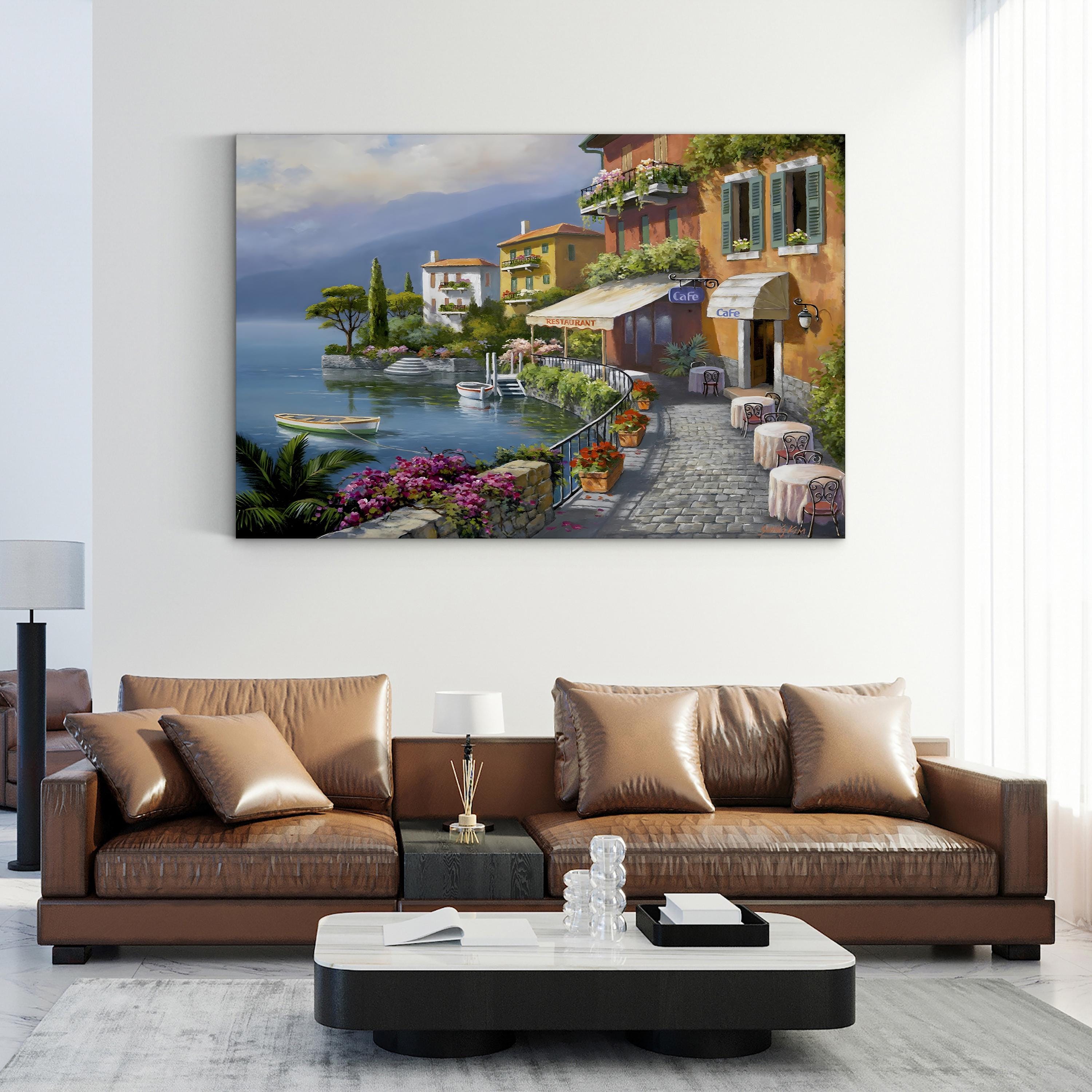Seaside Bistro Café Wall Art by Sung Kim – Contemporary European Coastal Village Canvas