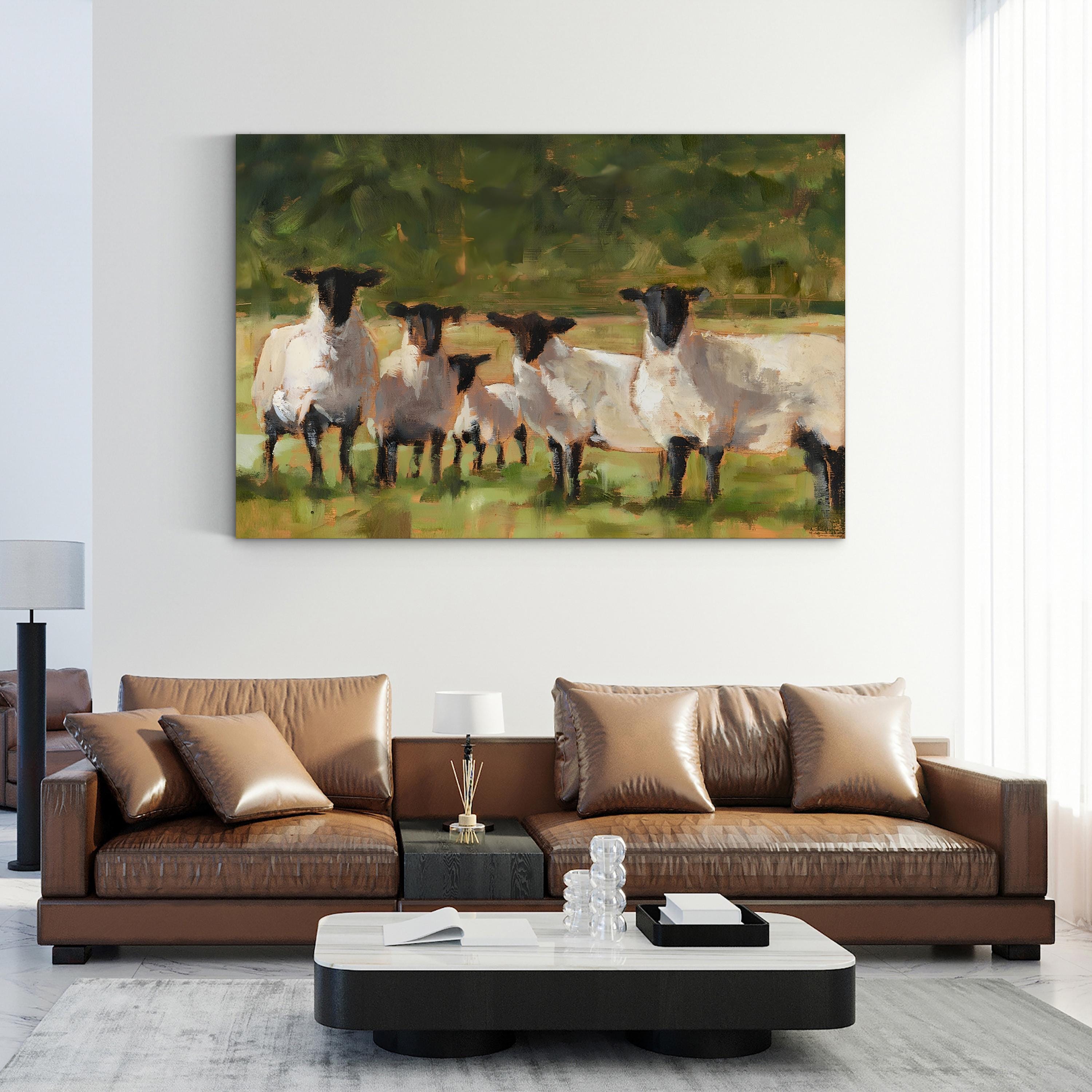Sheep Family II Canvas Art Print – Pastoral Wildlife Painting by Ethan Harper