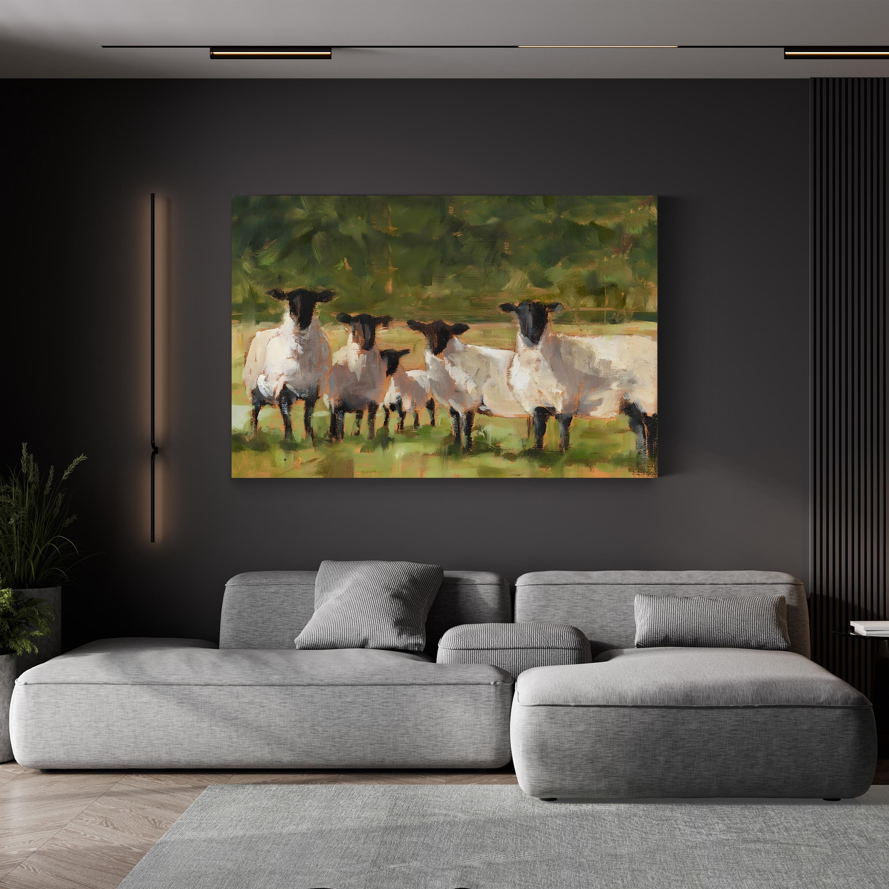 Sheep Family II Canvas Art Print – Pastoral Wildlife Painting by Ethan Harper