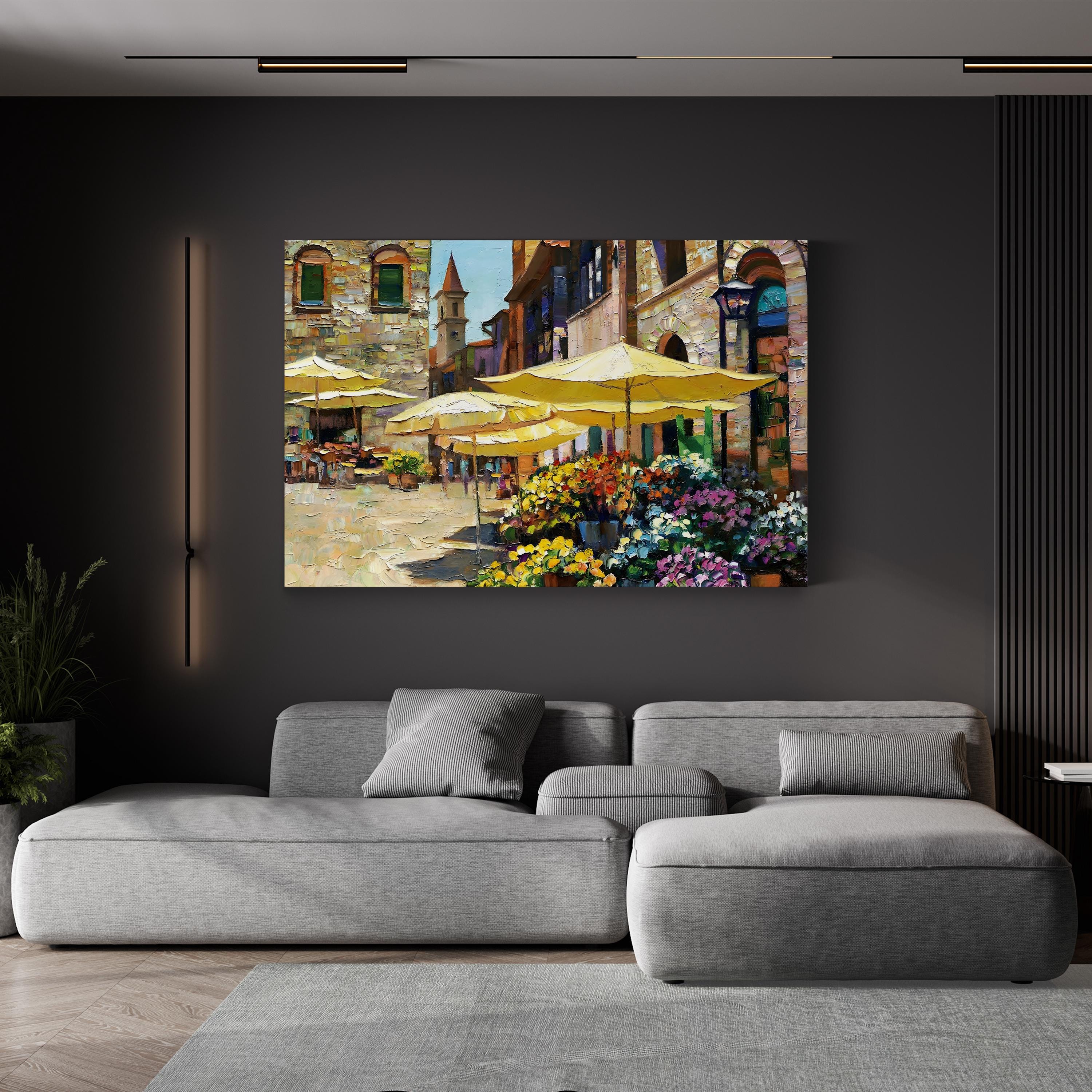 Siena Flower Market Canvas Art – Italian Street Scene with Yellow Umbrellas