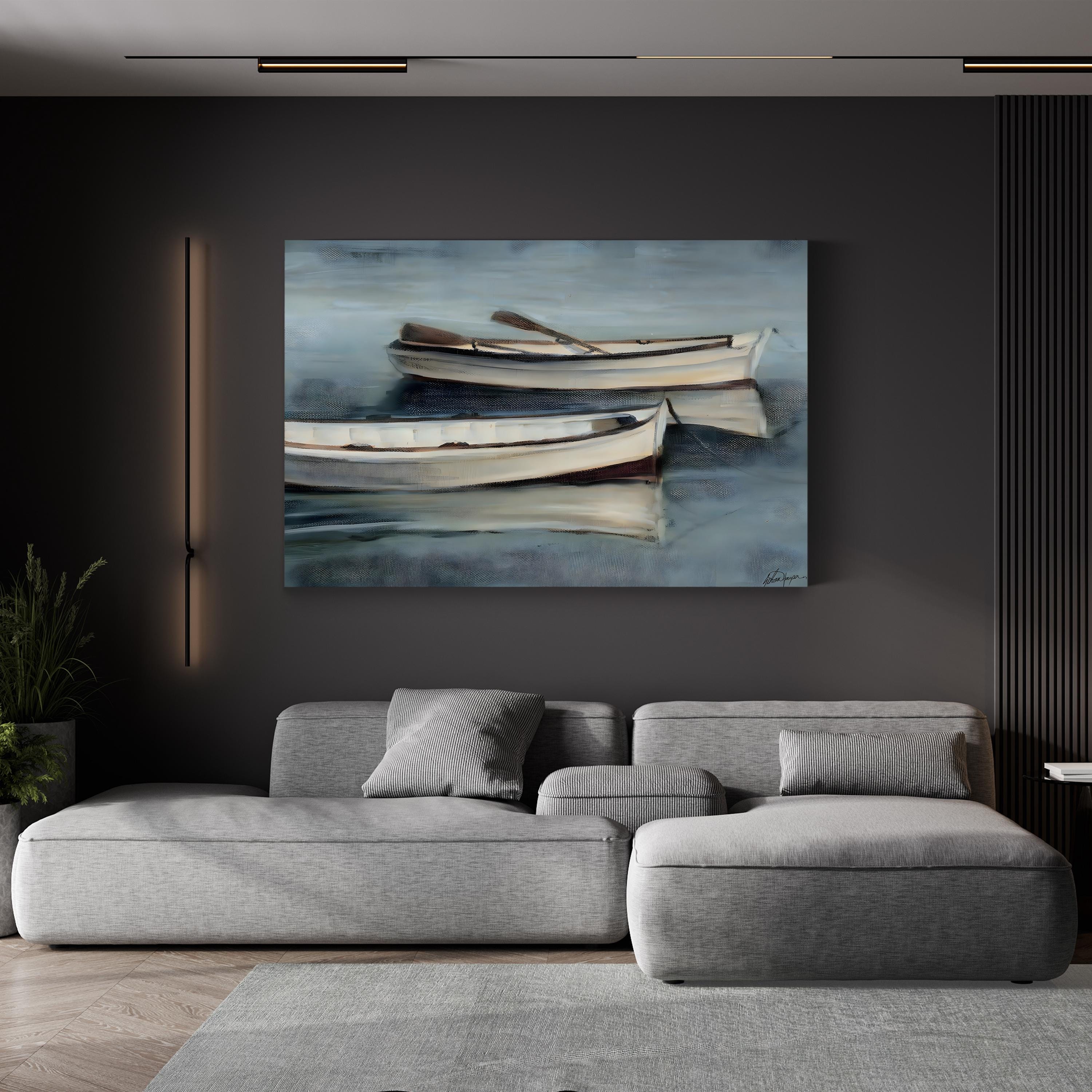 Small Stillwaters III Wall Art by Ethan Harper | Tranquil Rowboats Coastal Landscape Canvas Print