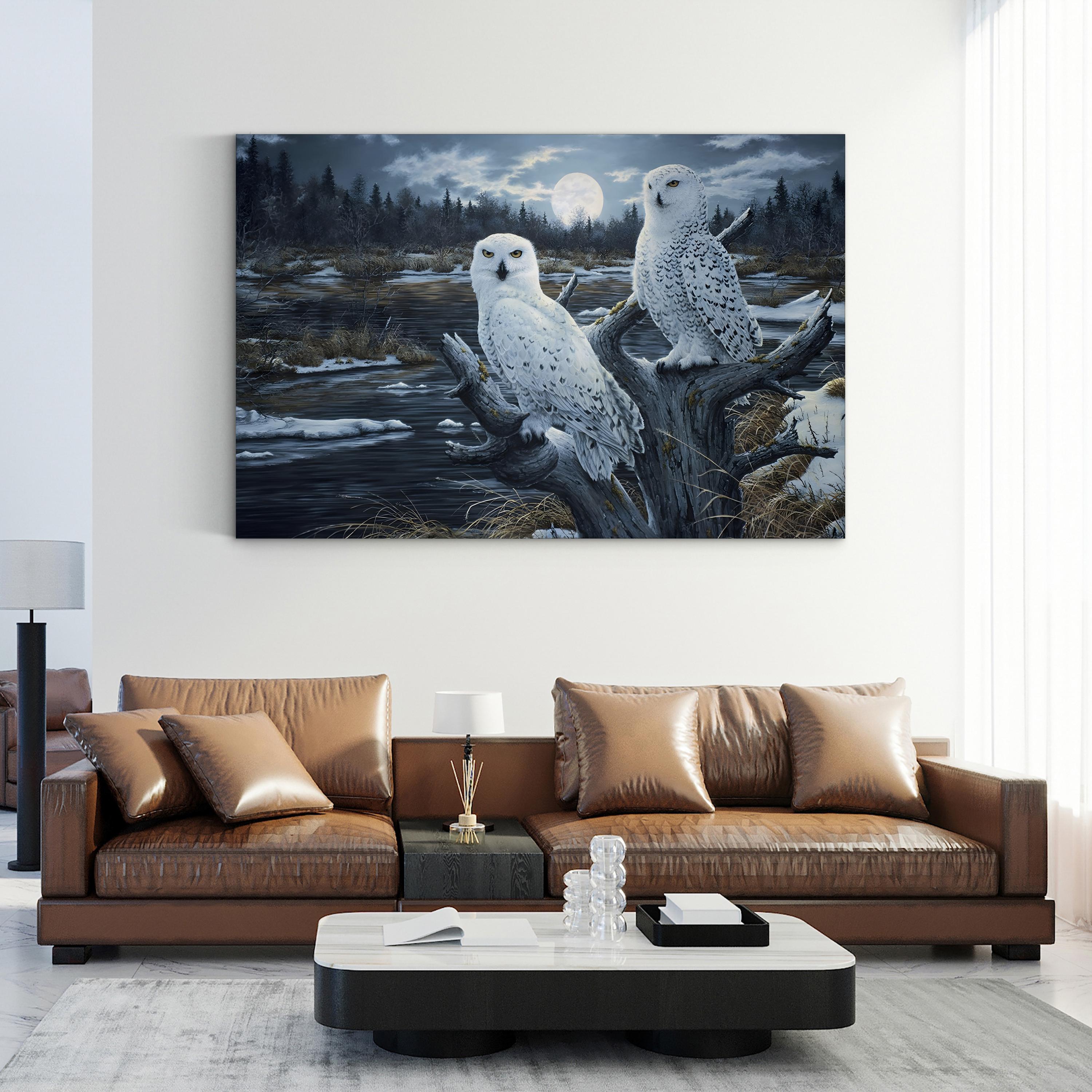 Snowy Owls Canvas Art Print – Winter Forest Wildlife Wall Art with Full Moon by Jeff Tift