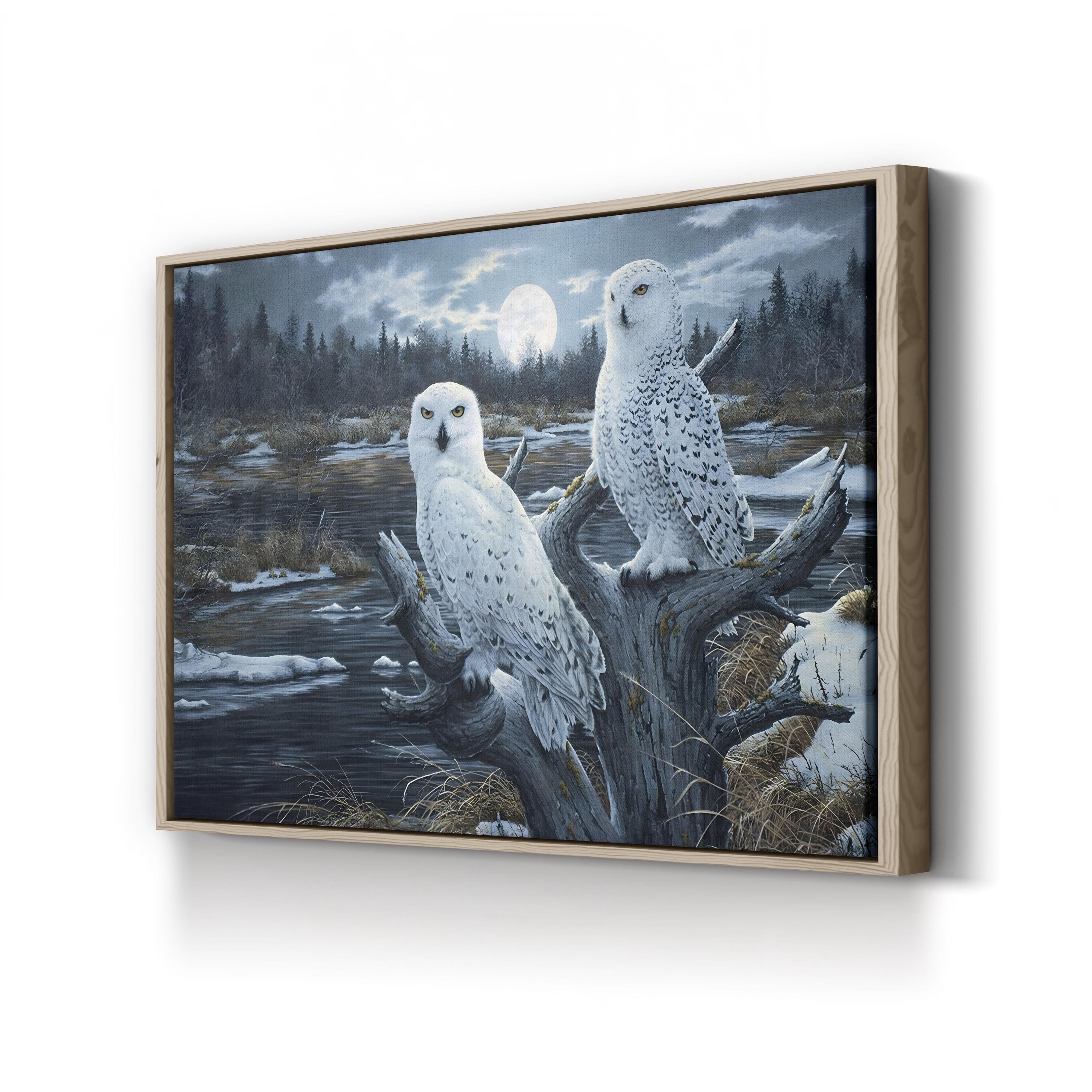 Snowy Owls Canvas Art Print – Winter Forest Wildlife Wall Art with Full Moon by Jeff Tift